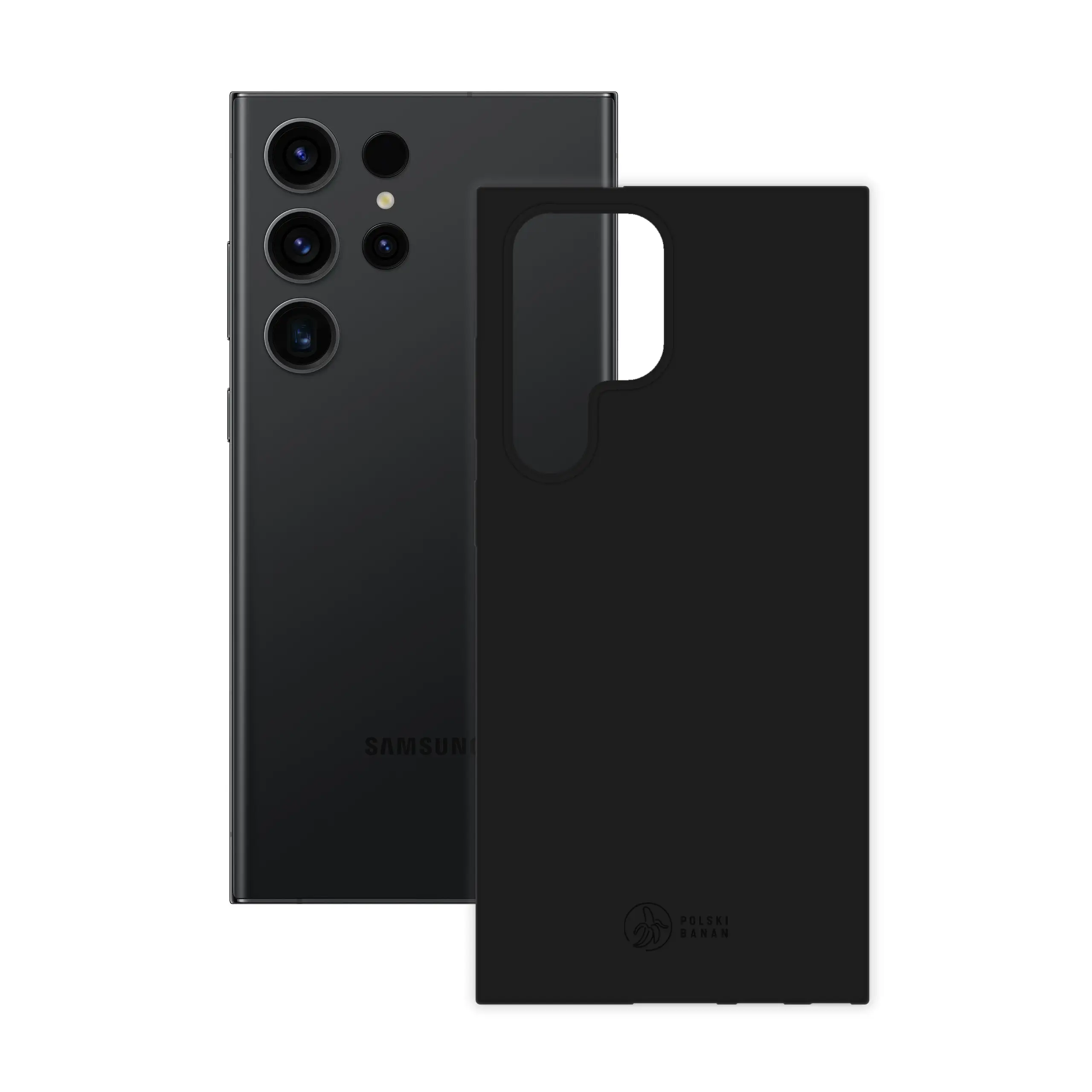 Etui silikonowe matowe czarne Polski Banan obok telefonu Samsung Galaxy S23 Ultra