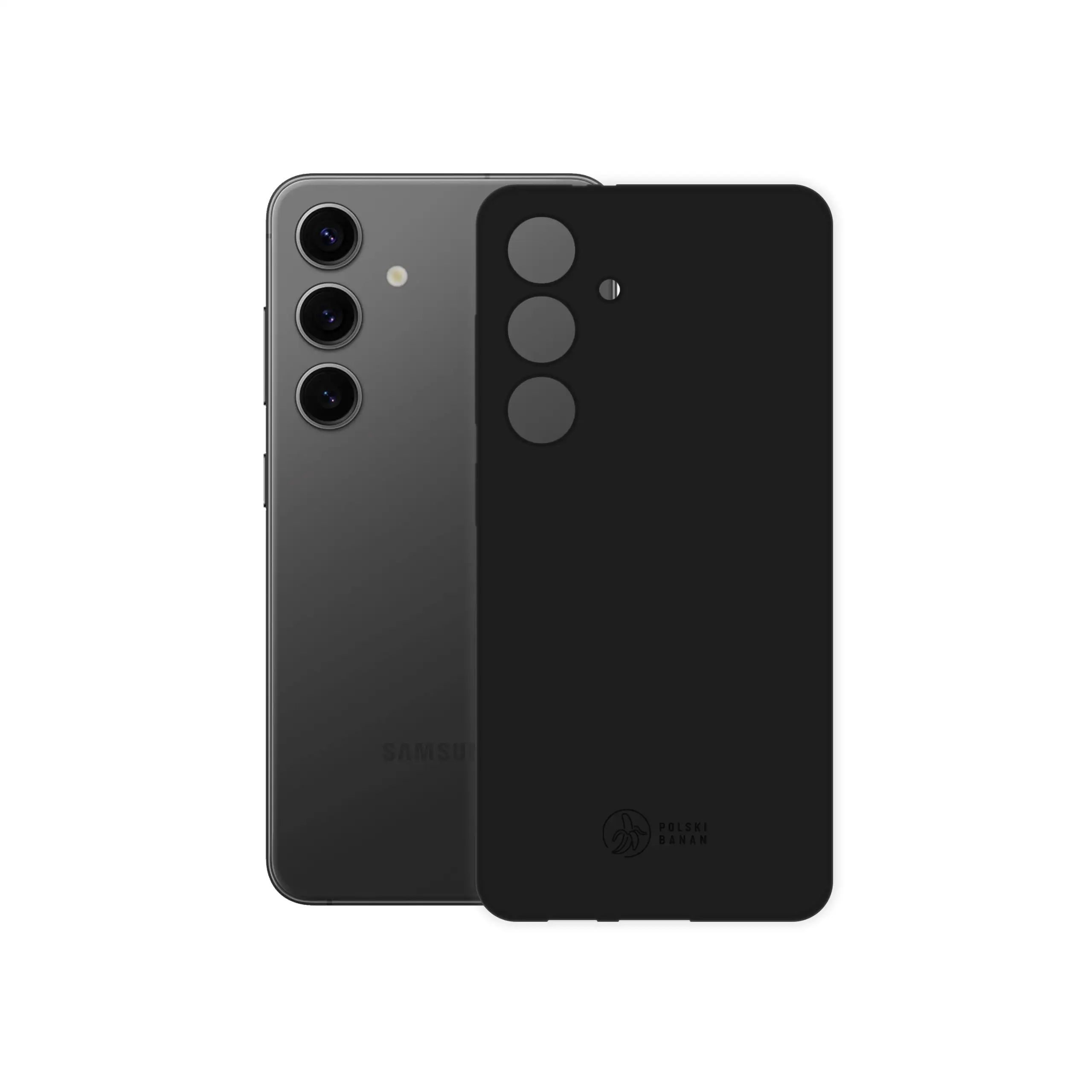 Etui silikonowe matowe czarne Polski Banan obok telefonu Samsung Galaxy S24