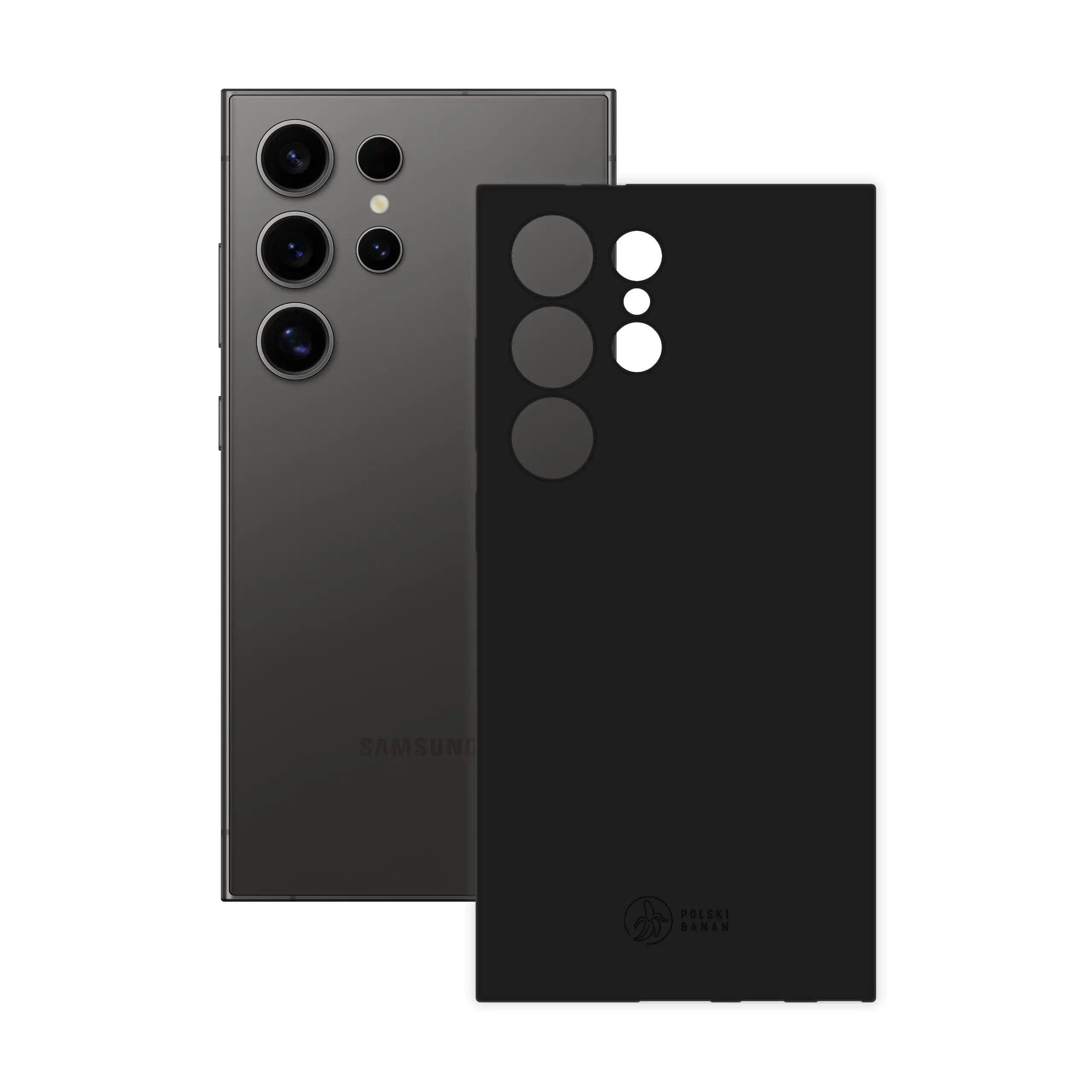 Etui silikonowe matowe czarne Polski Banan obok telefonu Samsung Galaxy S24 Ultra