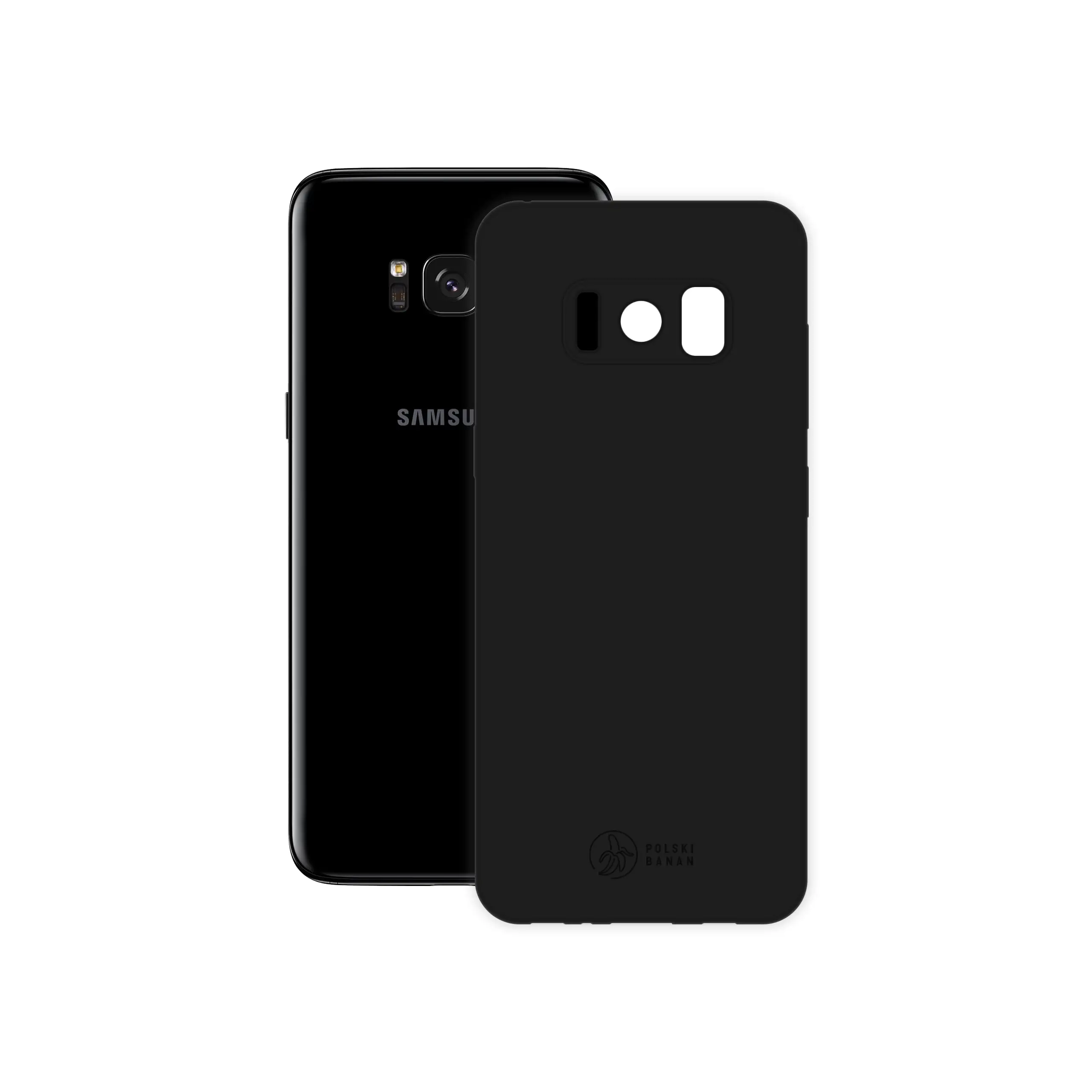 Etui silikonowe matowe czarne Polski Banan obok telefonu Samsung Galaxy S8