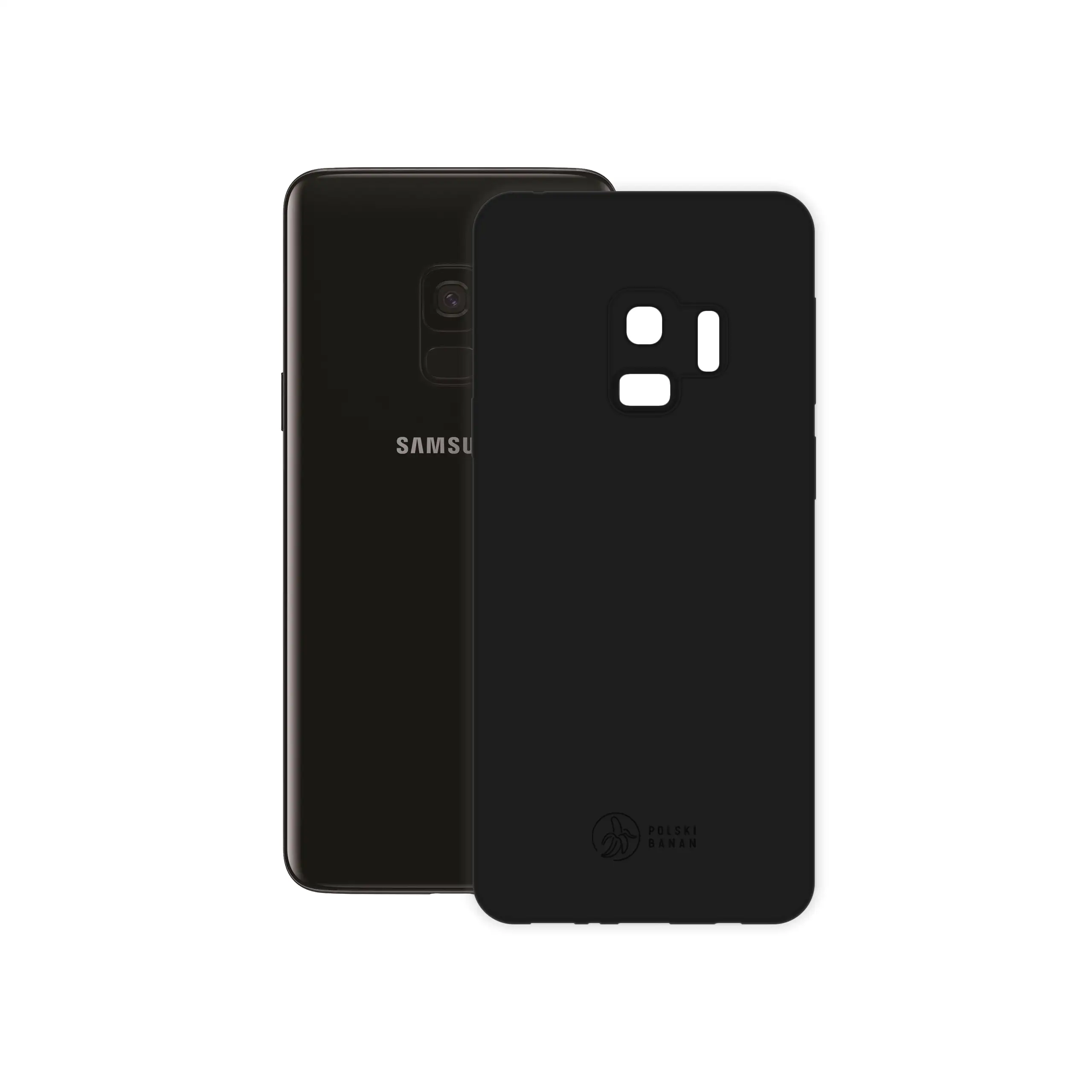 Etui silikonowe matowe czarne Polski Banan obok telefonu Samsung Galaxy S9