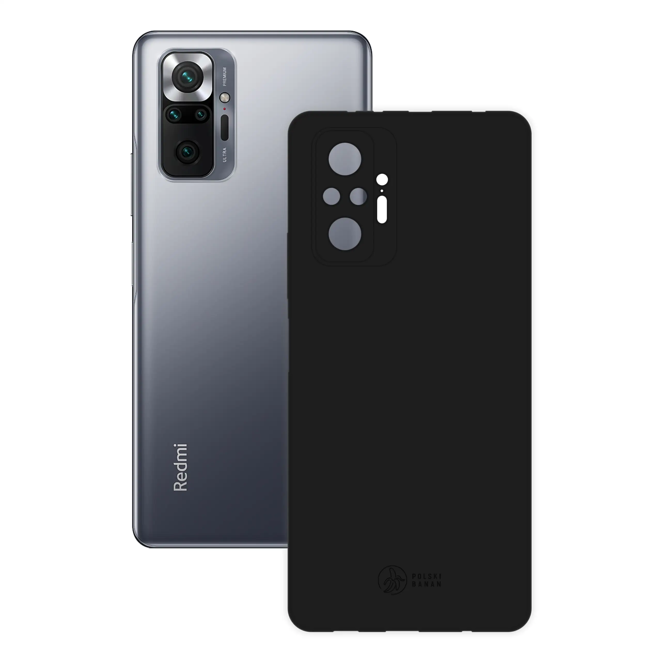 Etui silikonowe matowe czarne Polski Banan obok telefonu Xiaomi Redmi Note 10 Pro
