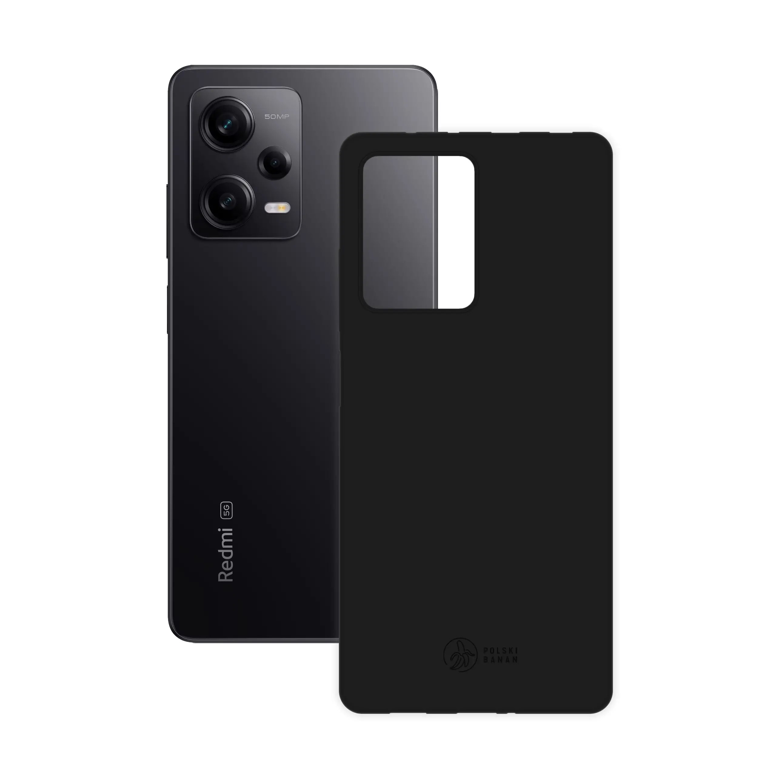 Etui silikonowe matowe czarne Polski Banan obok telefonu Xiaomi Redmi Note 12 Pro