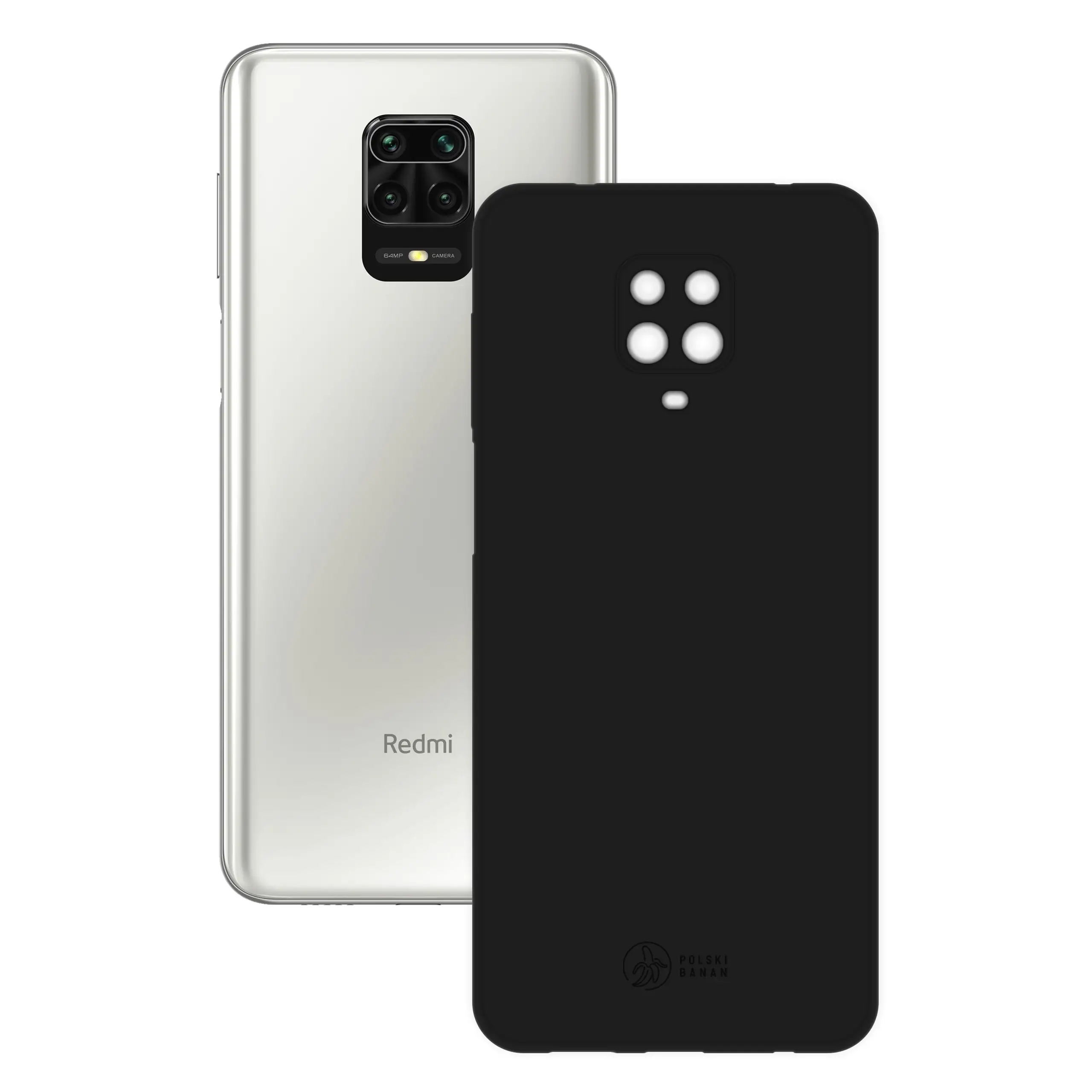 Etui silikonowe matowe czarne Polski Banan obok telefonu Xiaomi Redmi Note 9 Pro / 9S