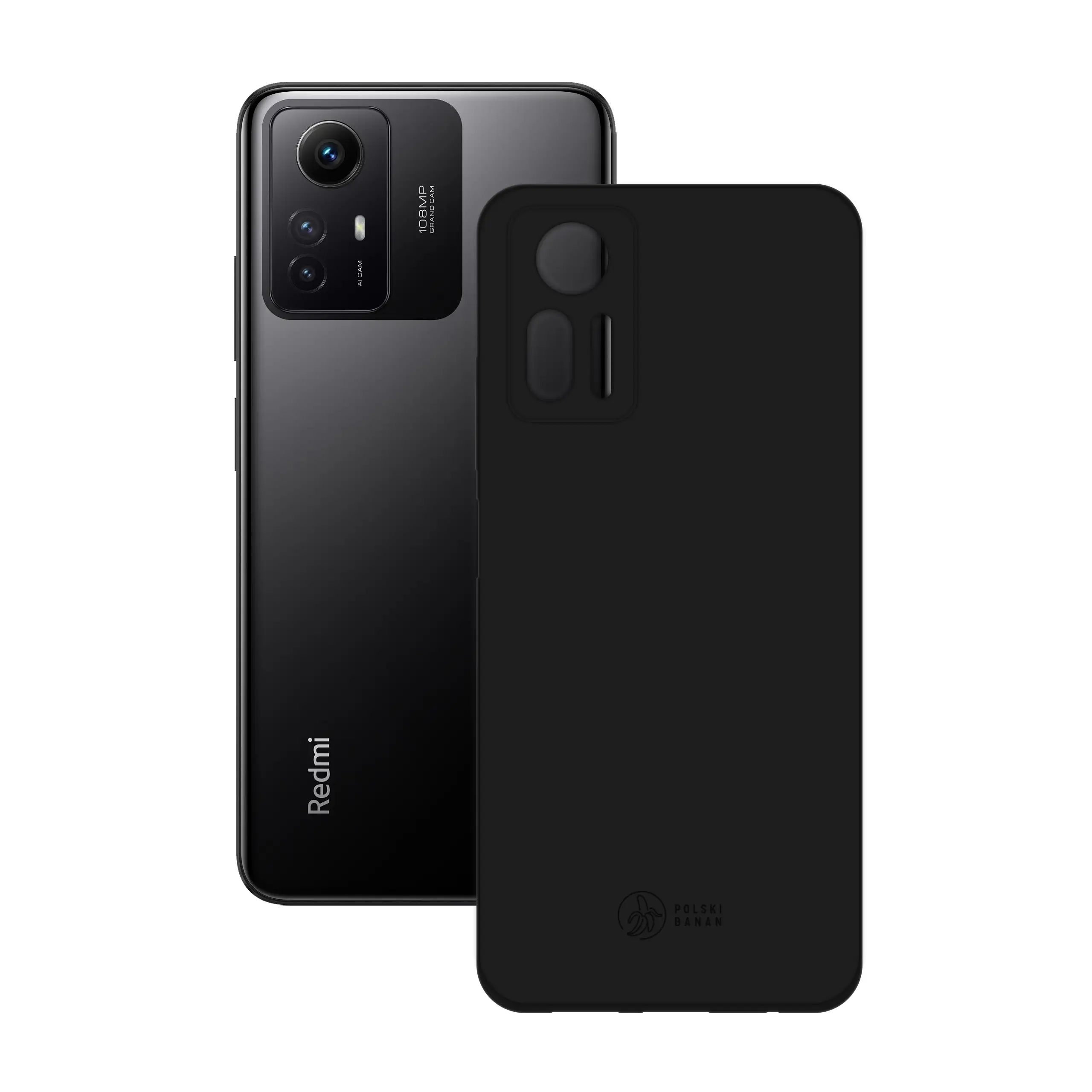 Etui silikonowe matowe czarne Polski Banan obok telefonu Xiaomi Redmi Note 12S