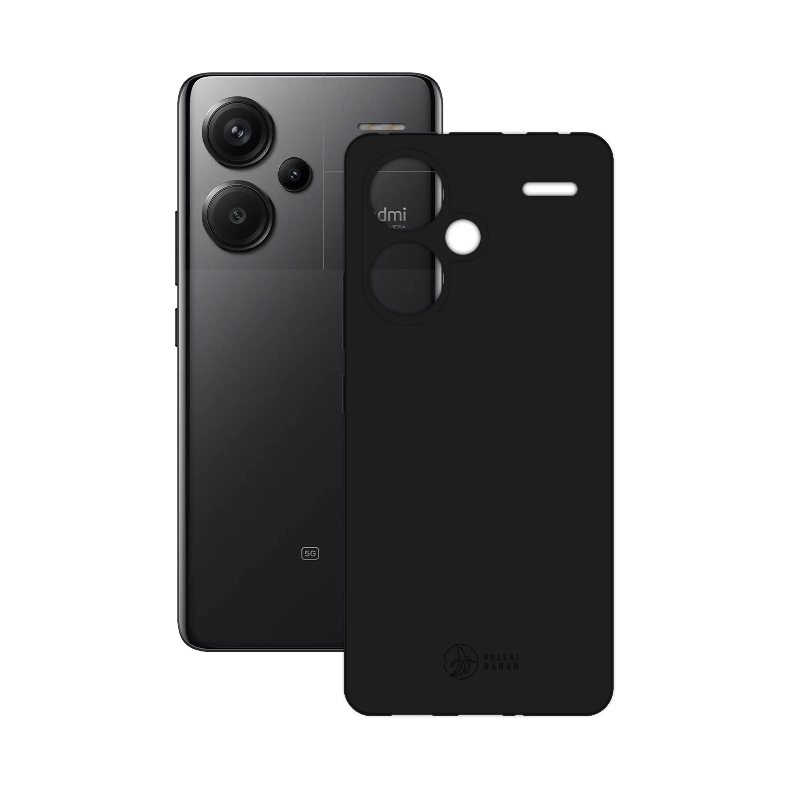 Etui silikonowe matowe czarne Polski Banan obok telefonu Xiaomi Redmi Note 13 Pro Plus