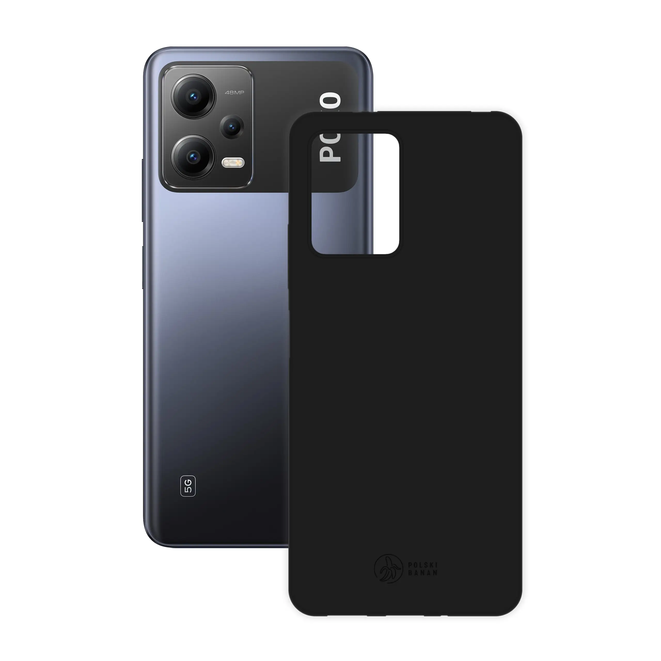 Etui silikonowe matowe czarne Polski Banan obok telefonu Xiaomi POCO X5 5G