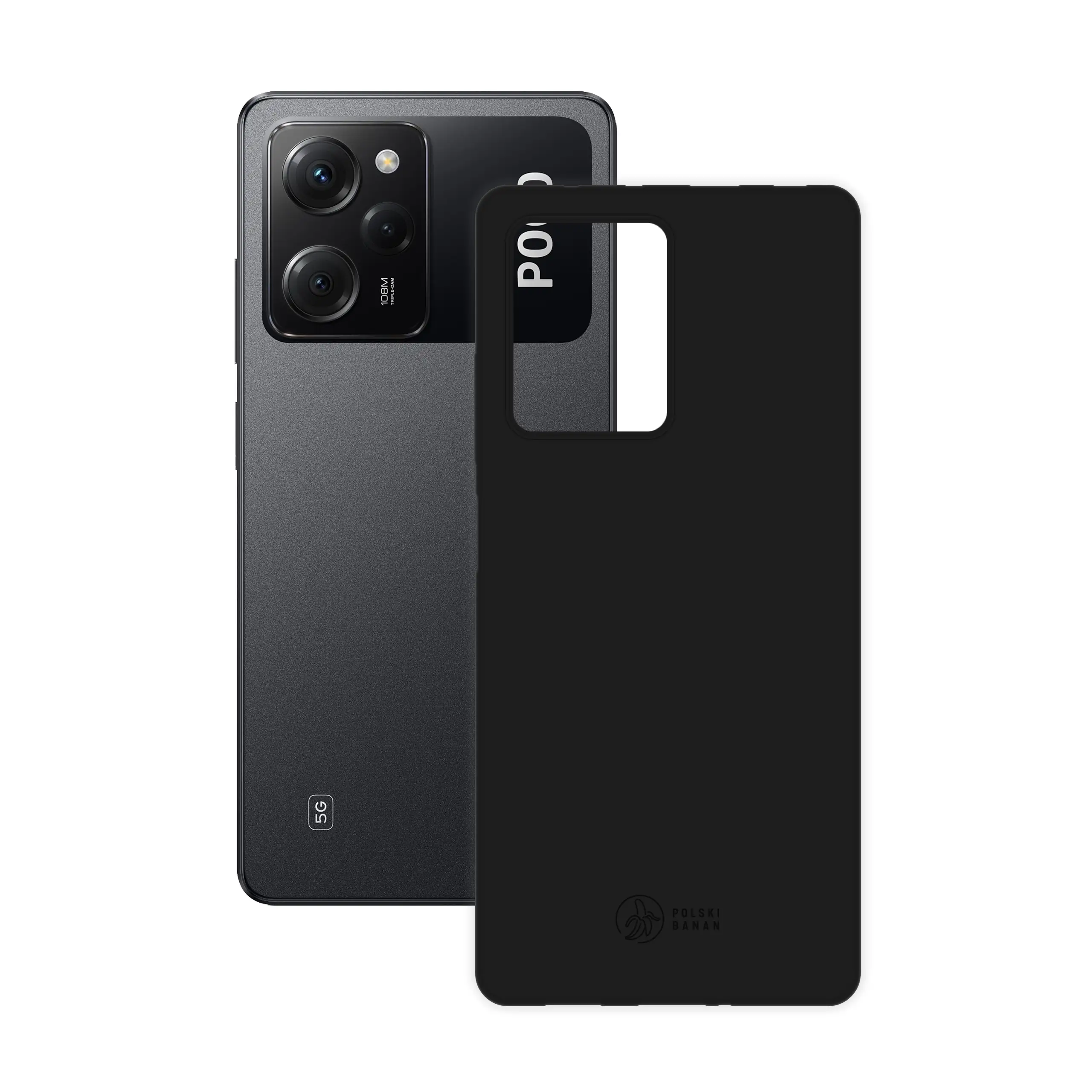 Etui silikonowe matowe czarne Polski Banan obok telefonu Xiaomi POCO X5 Pro