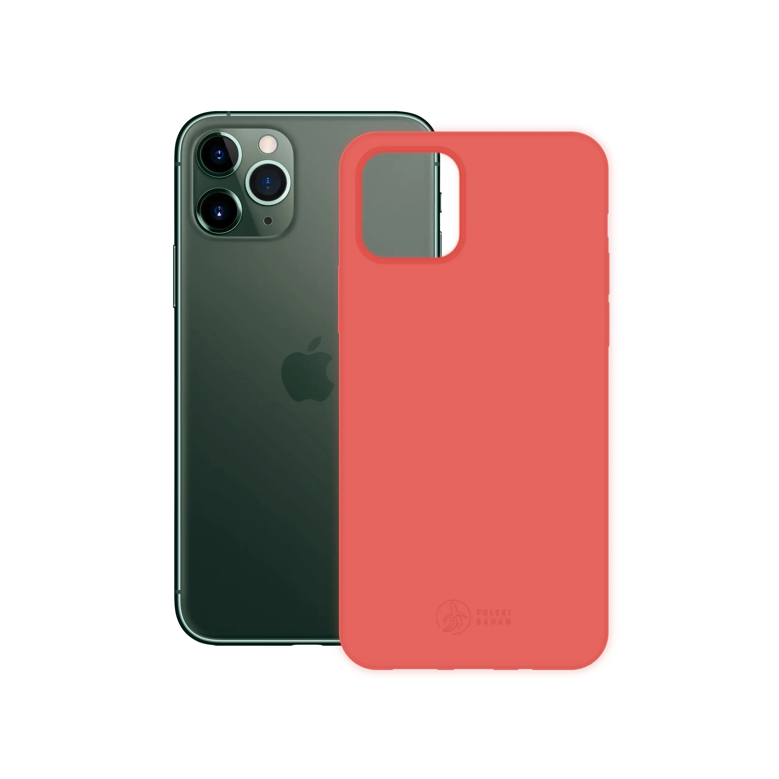 Etui silikonowe matowe koralowe Polski Banan obok telefonu Apple iPhone 11 Pro