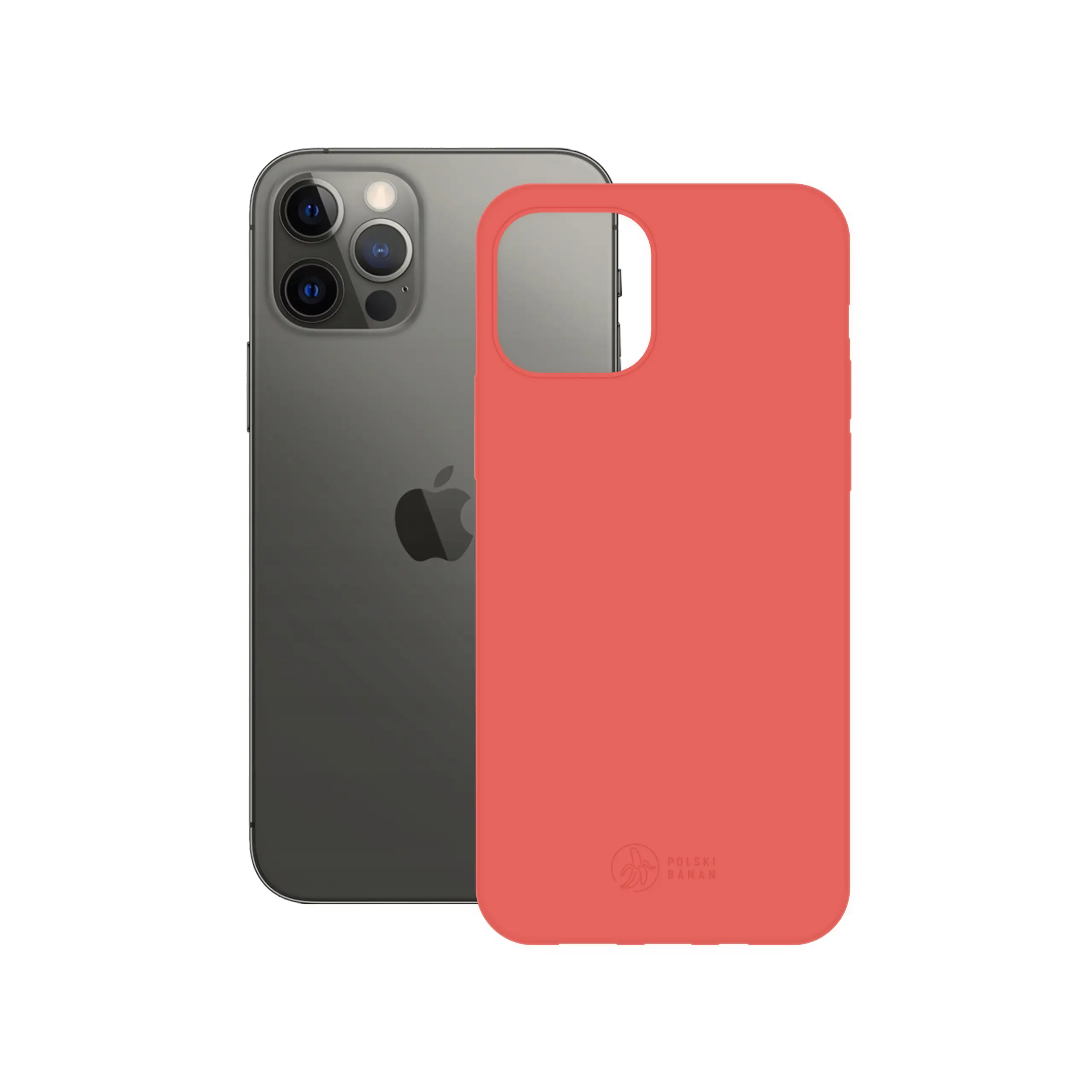 Etui silikonowe matowe koralowe Polski Banan obok telefonu Apple iPhone 12 / 12 Pro