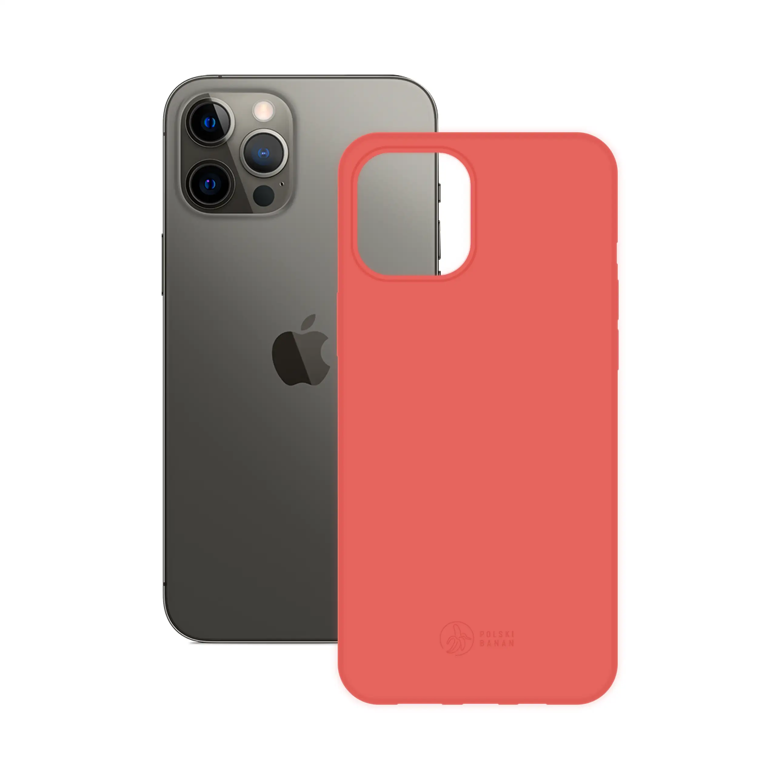 Etui silikonowe matowe koralowe Polski Banan obok telefonu Apple iPhone 12 Pro Max