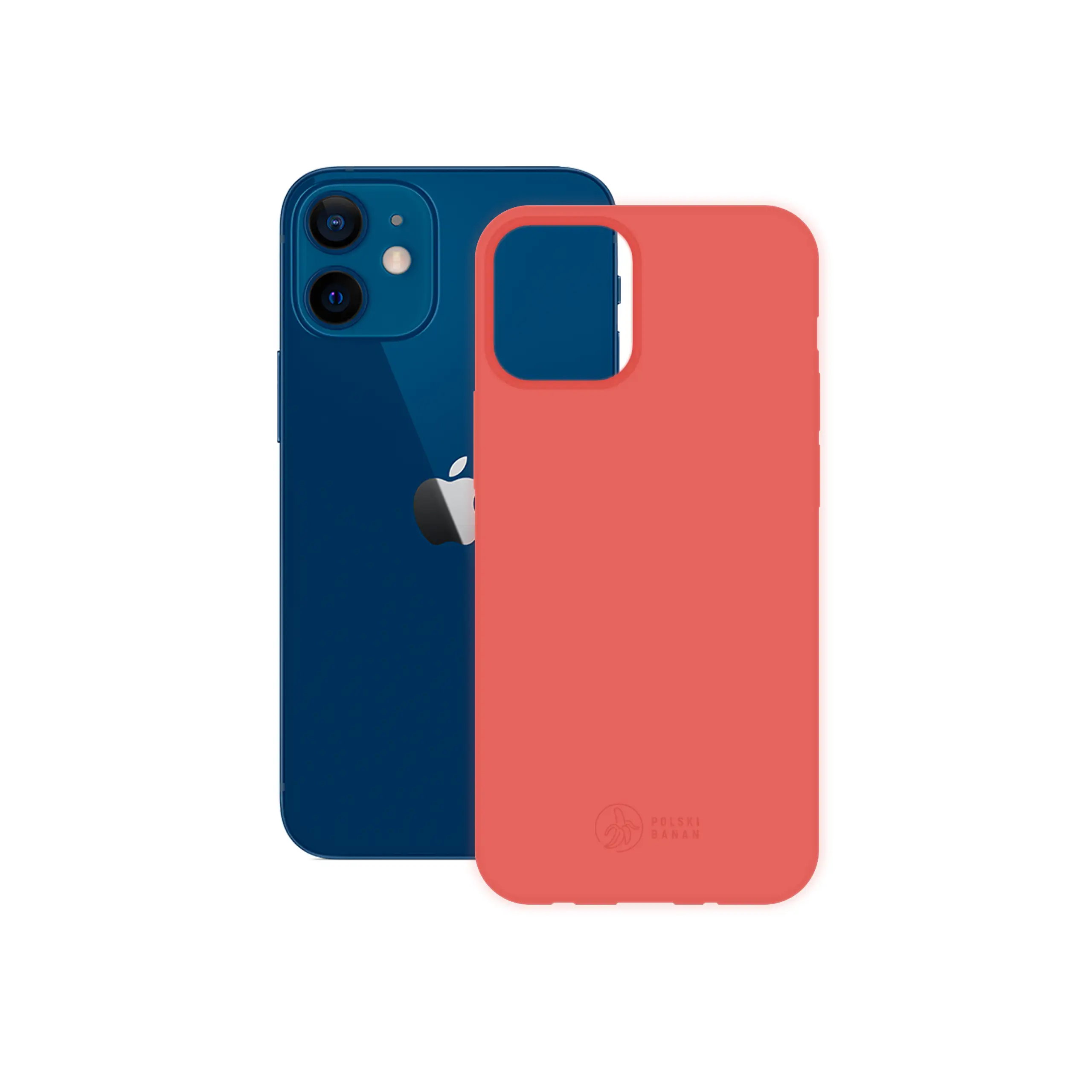 Etui silikonowe matowe koralowe Polski Banan obok telefonu Apple iPhone 12 mini