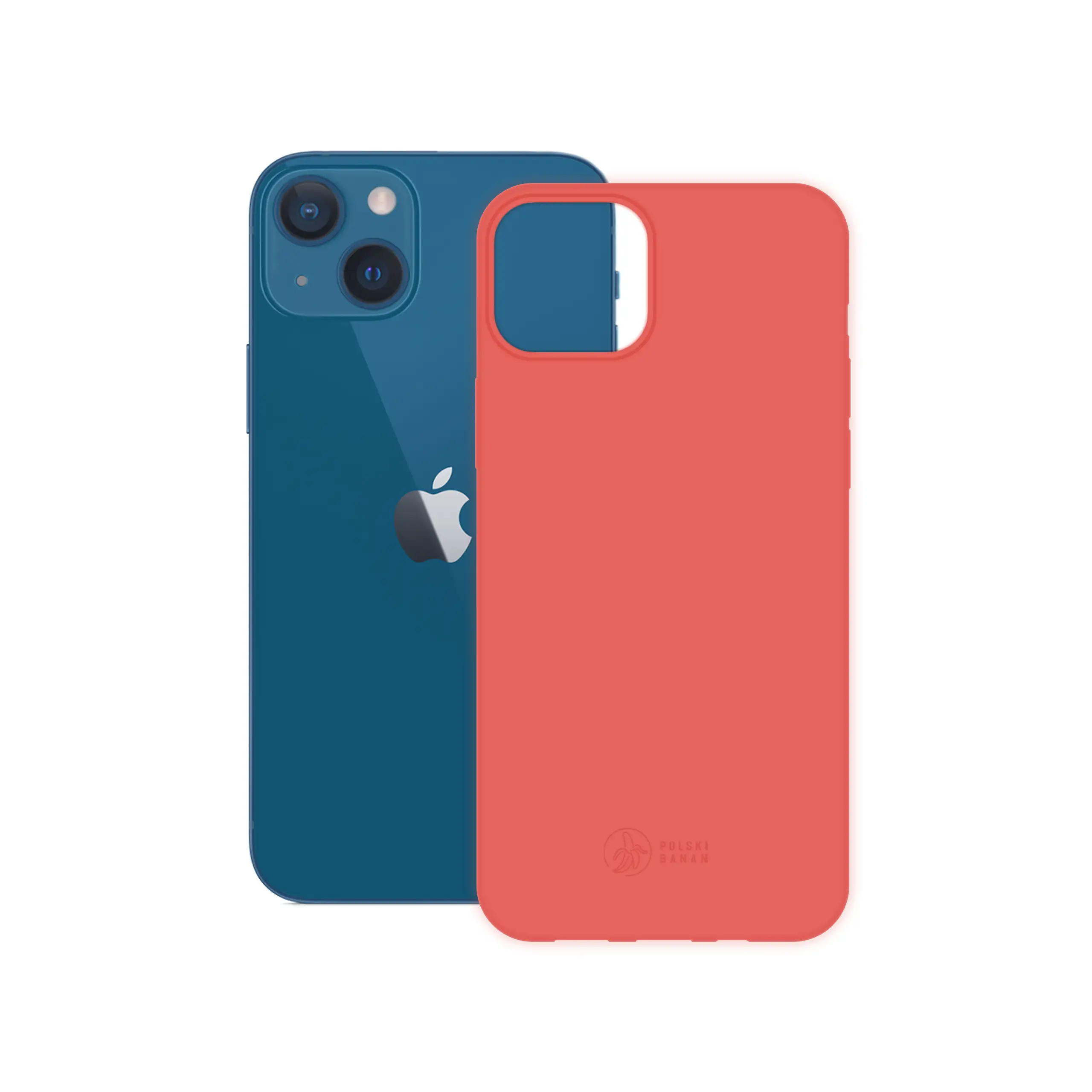 Etui silikonowe matowe koralowe Polski Banan obok telefonu Apple iPhone 13