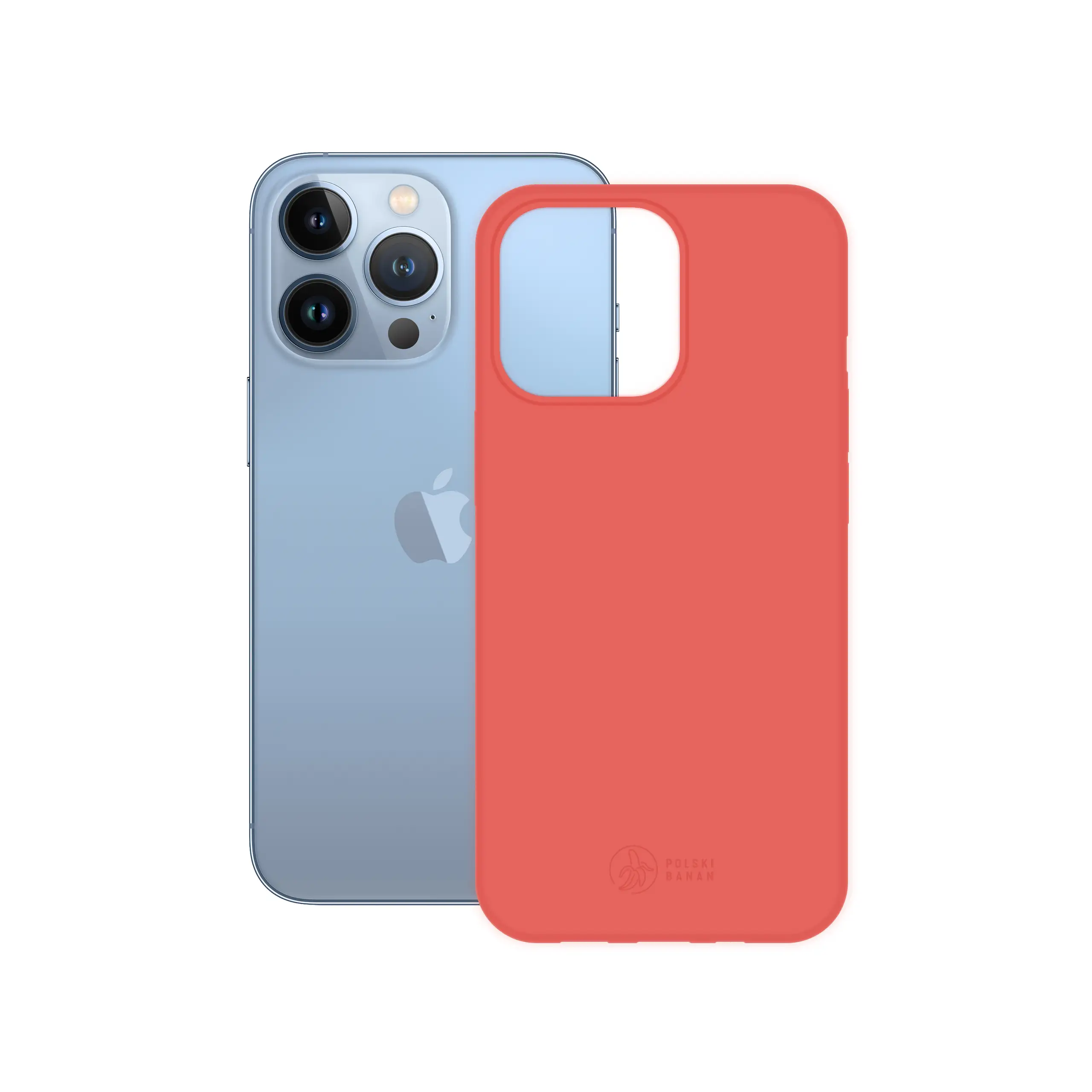 Etui silikonowe matowe koralowe Polski Banan obok telefonu Apple iPhone 13 Pro