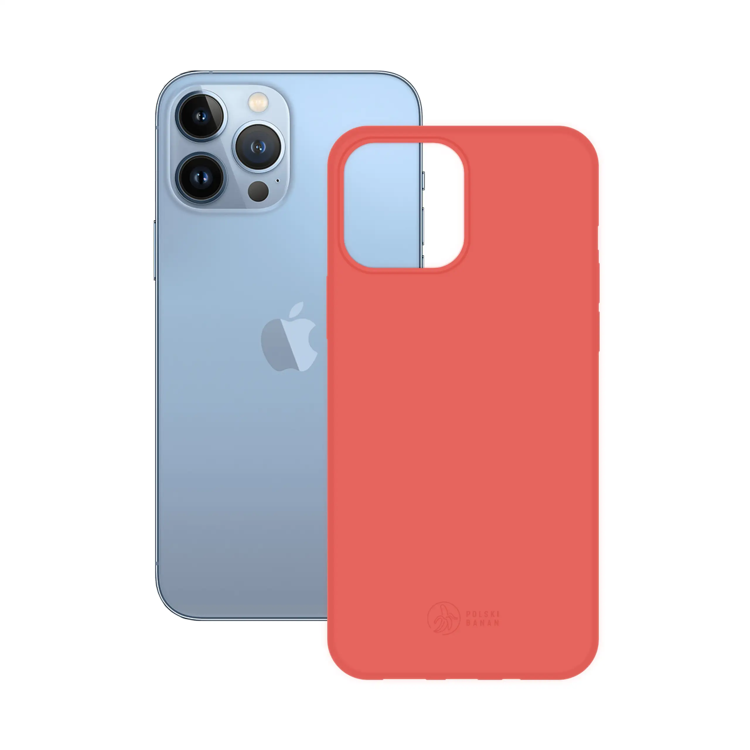 Etui silikonowe matowe koralowe Polski Banan obok telefonu Apple iPhone 13 Pro Max