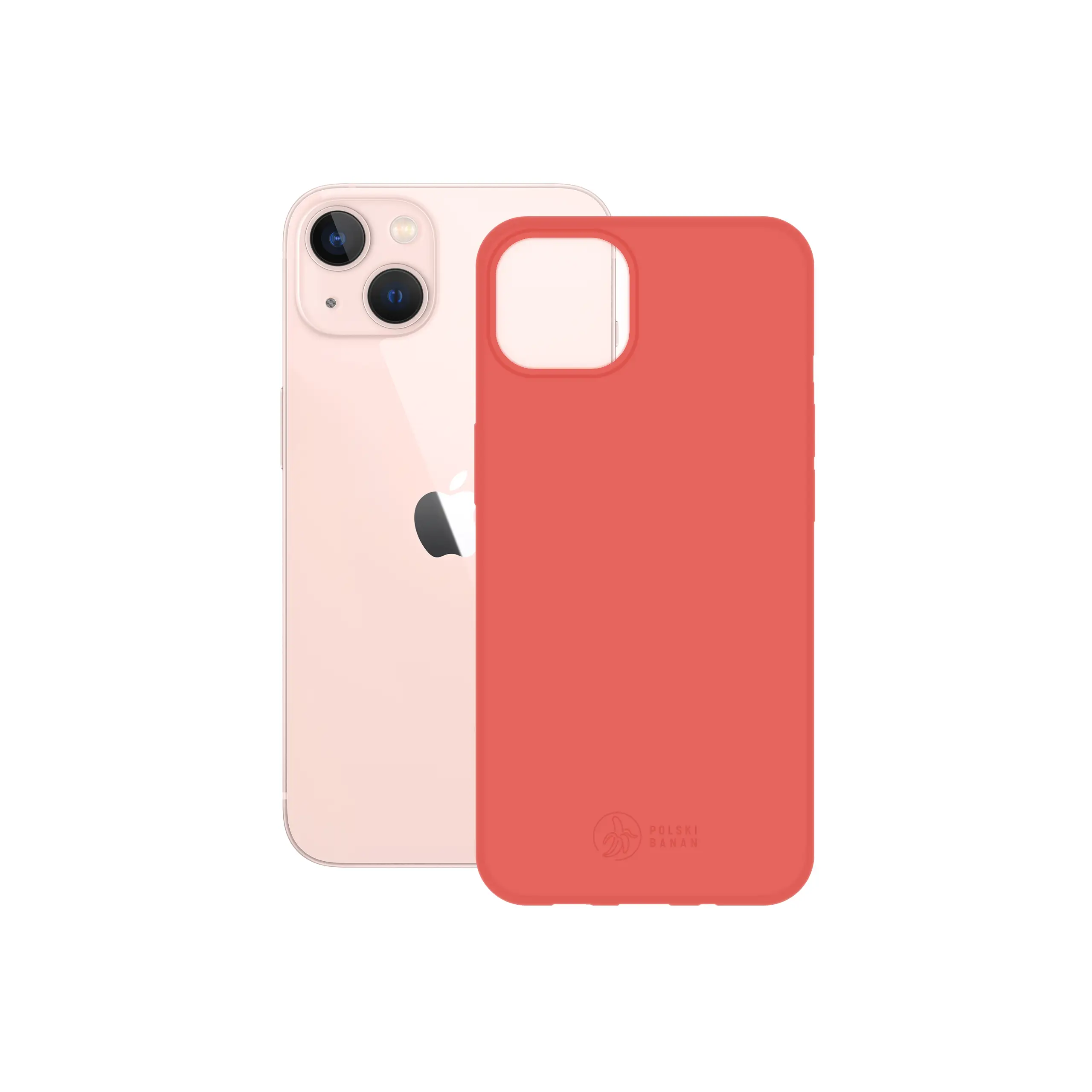 Etui silikonowe matowe koralowe Polski Banan obok telefonu Apple iPhone 13 mini
