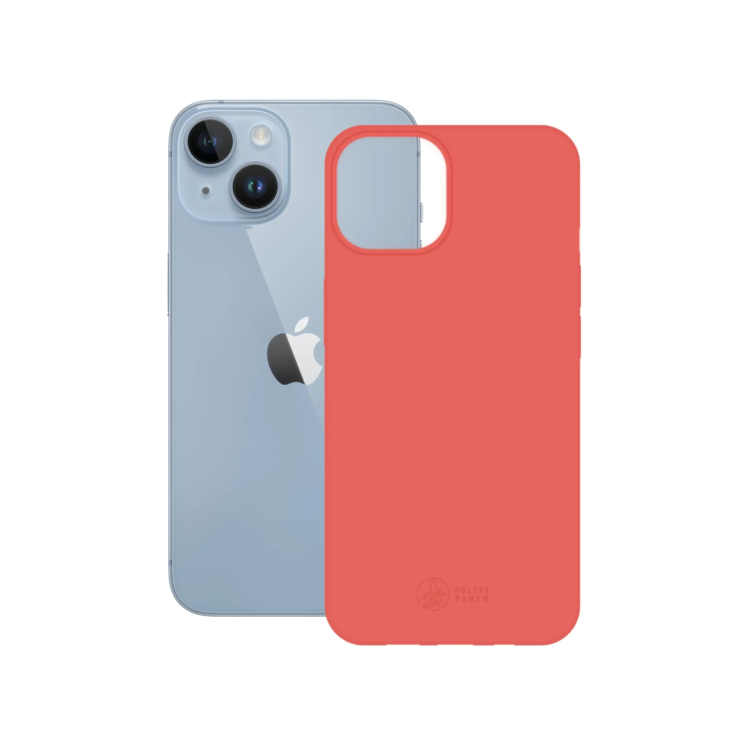 Etui silikonowe matowe koralowe Polski Banan obok telefonu Apple iPhone 14