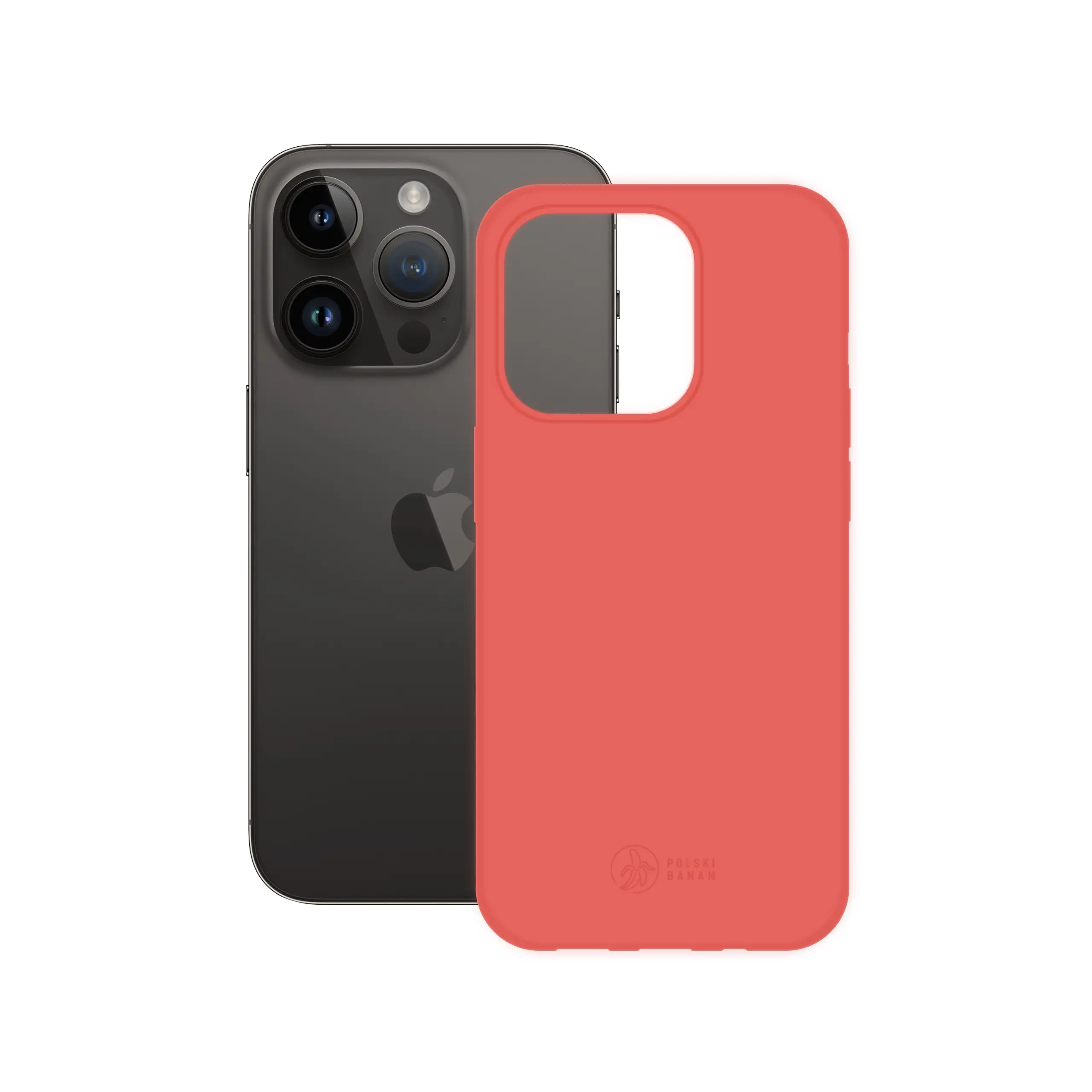 Etui silikonowe matowe koralowe Polski Banan obok telefonu Apple iPhone 14 Pro