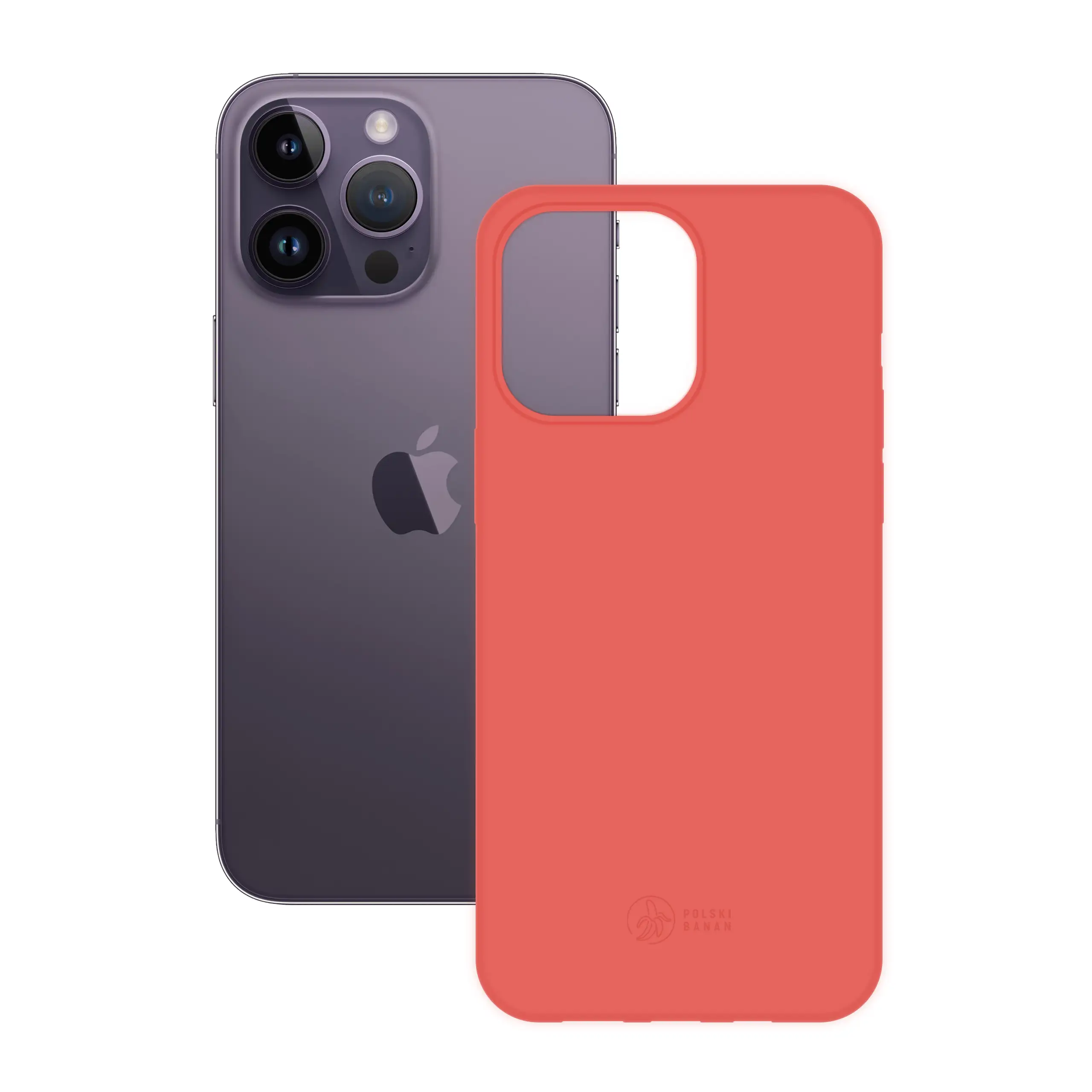Etui silikonowe matowe koralowe Polski Banan obok telefonu Apple iPhone 14 Pro Max