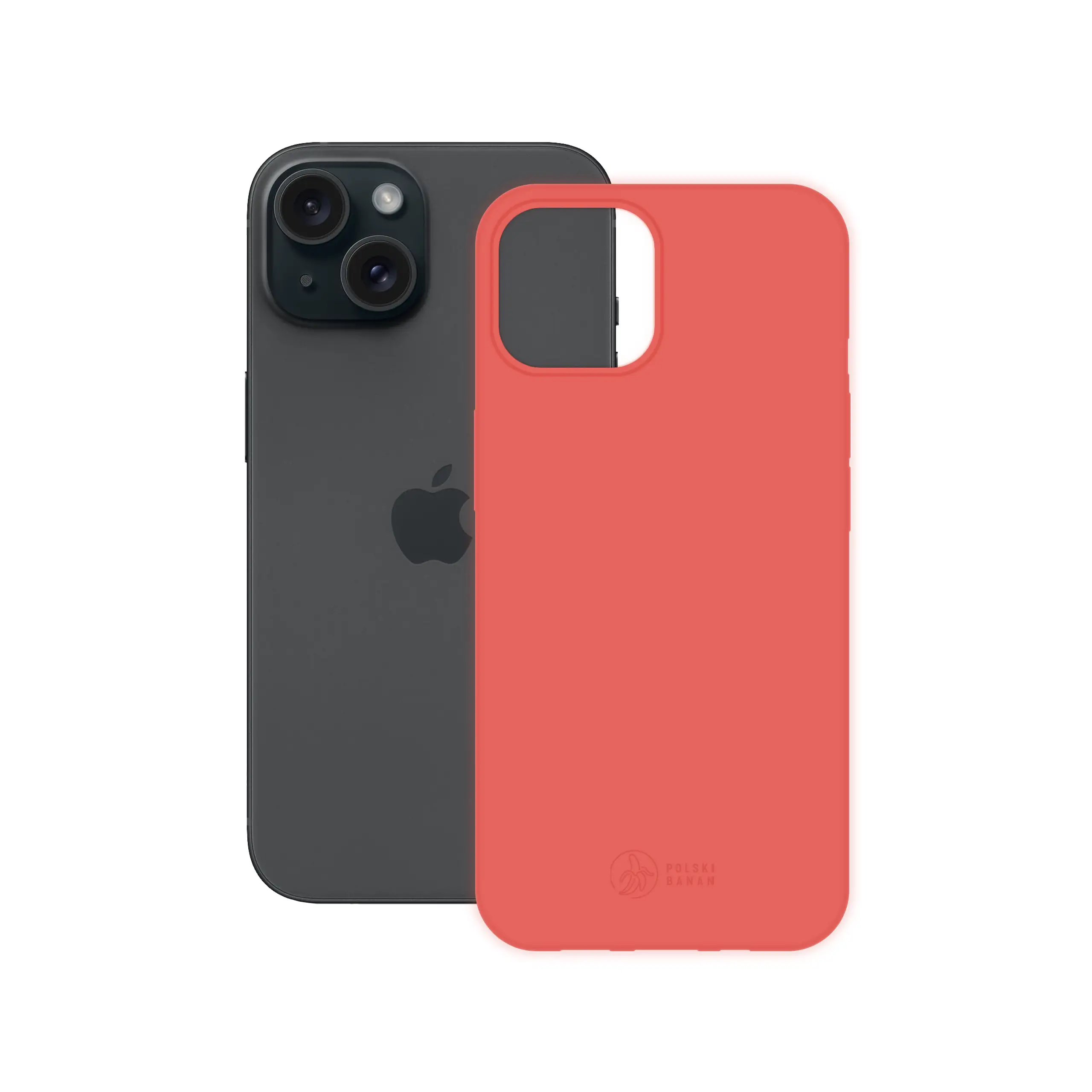 Etui silikonowe matowe koralowe Polski Banan obok telefonu Apple iPhone 15