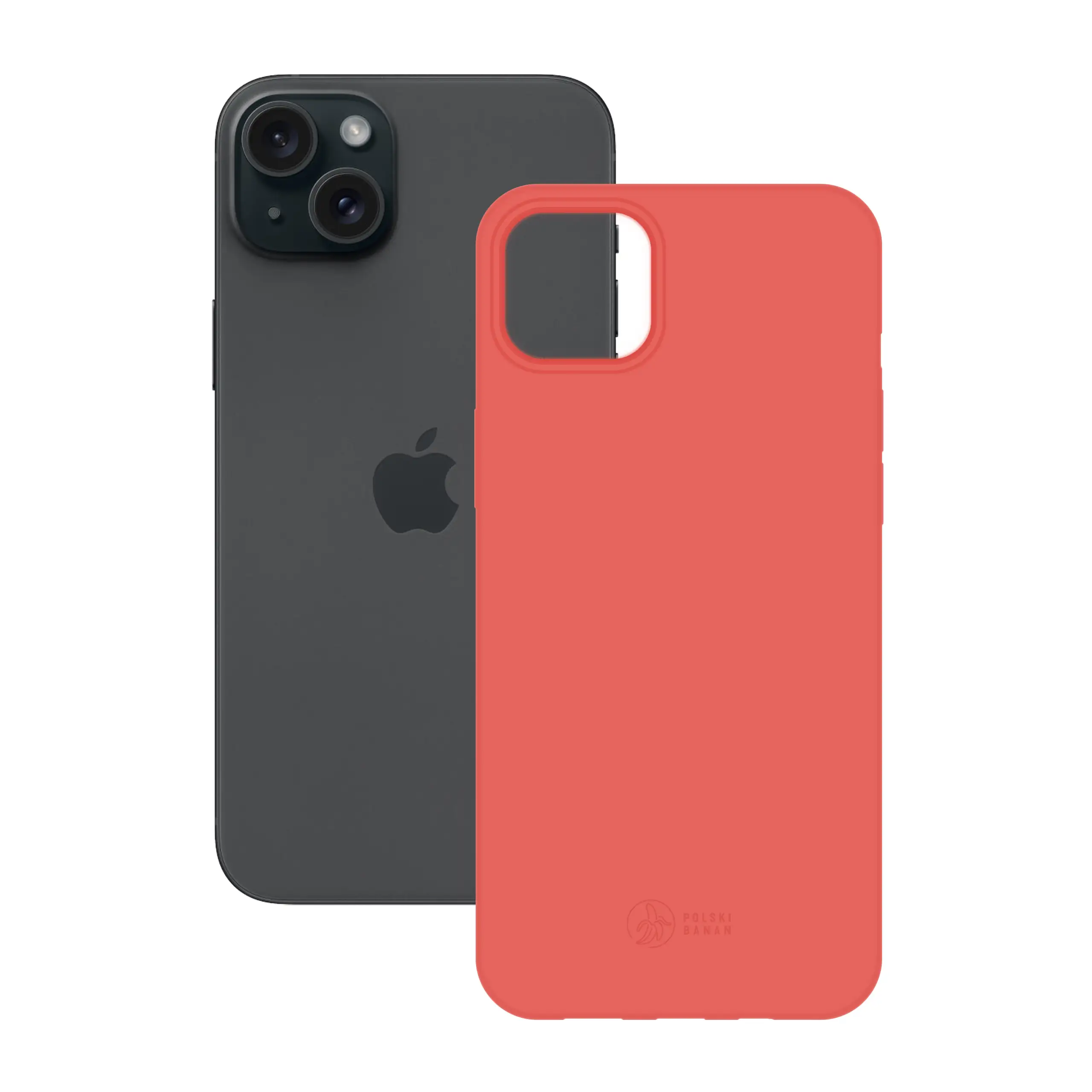 Etui silikonowe matowe koralowe Polski Banan obok telefonu Apple iPhone 15 Plus