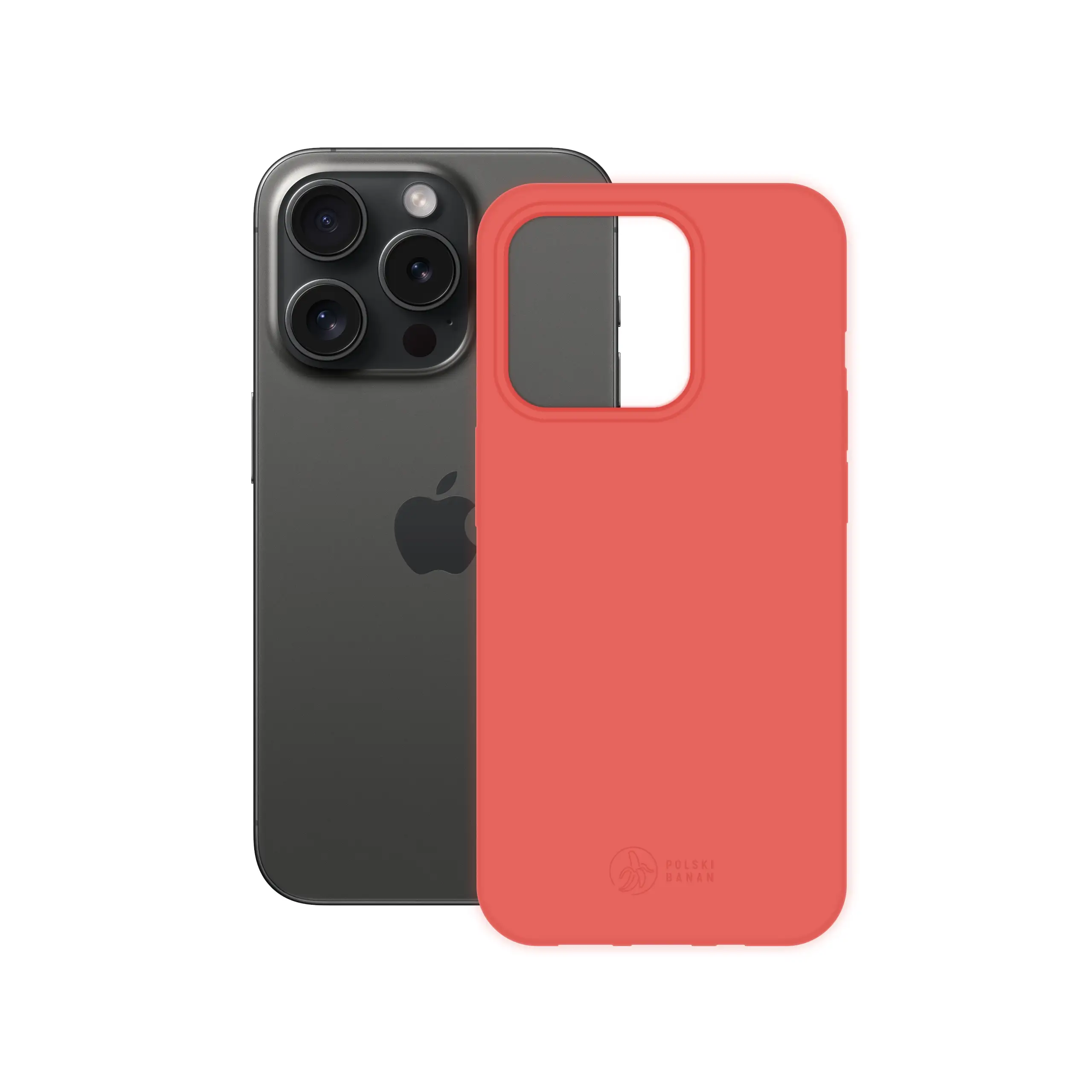 Etui silikonowe matowe koralowe Polski Banan obok telefonu Apple iPhone 15 Pro