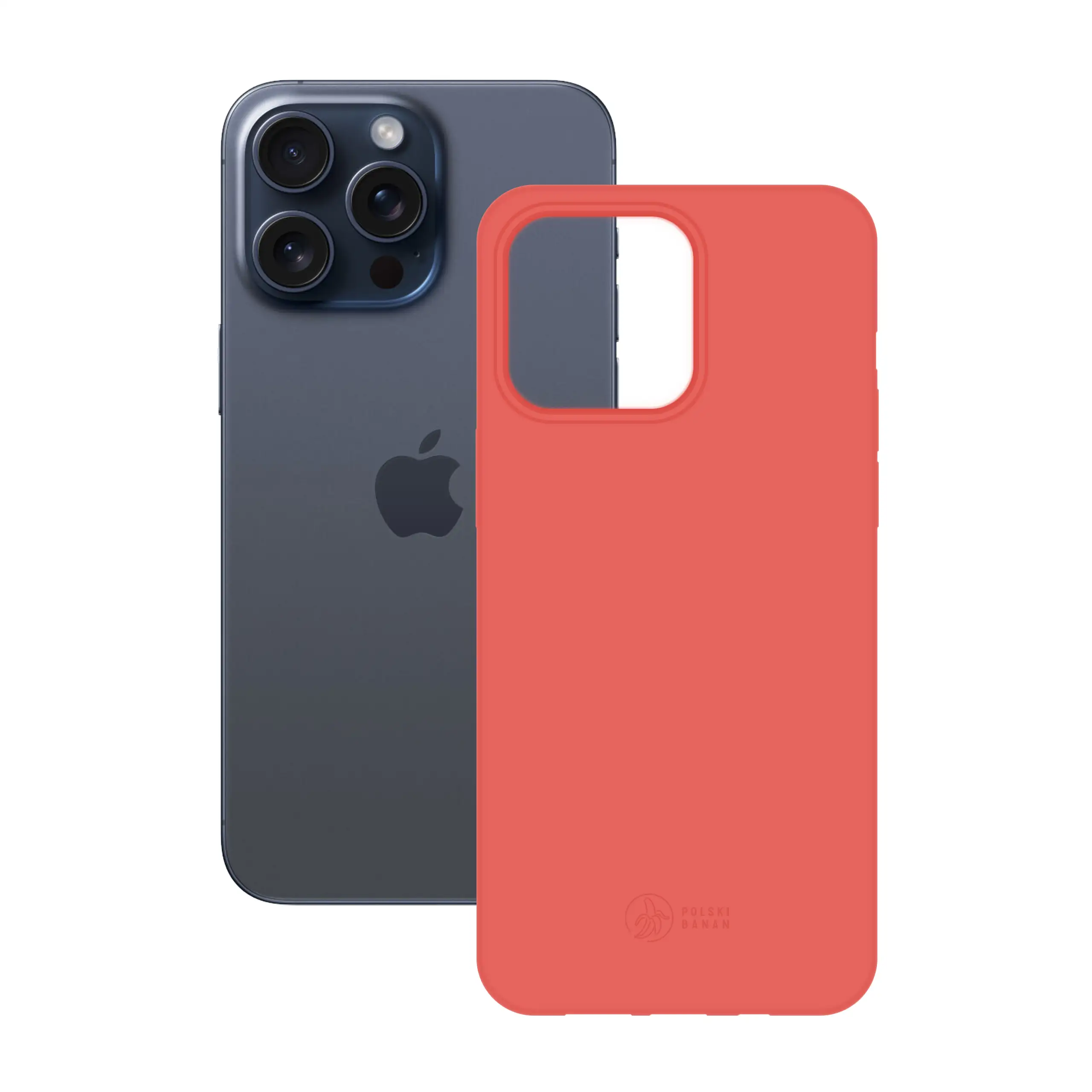 Etui silikonowe matowe koralowe Polski Banan obok telefonu Apple iPhone 15 Pro Max