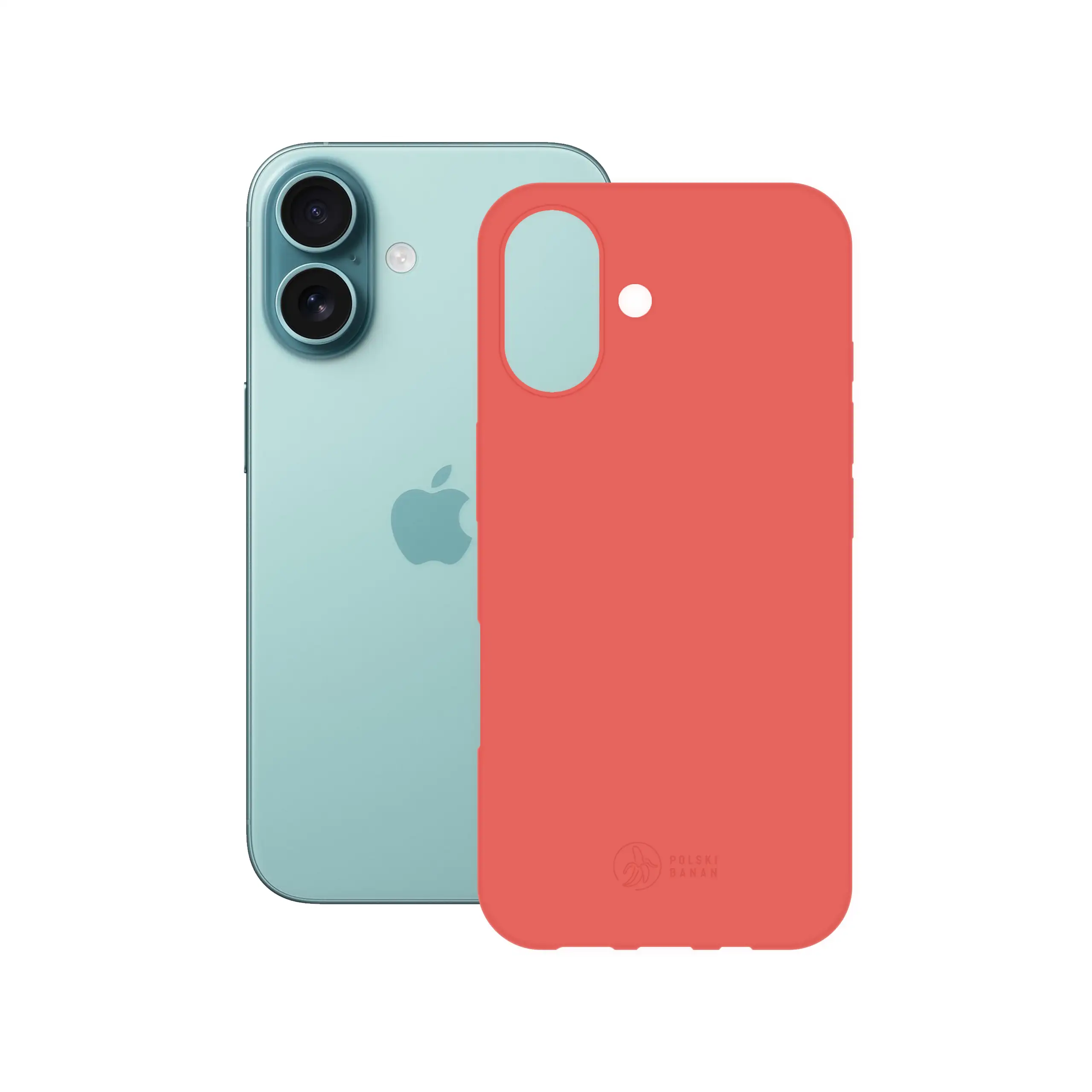 Etui silikonowe matowe koralowe Polski Banan obok telefonu Apple iPhone 16