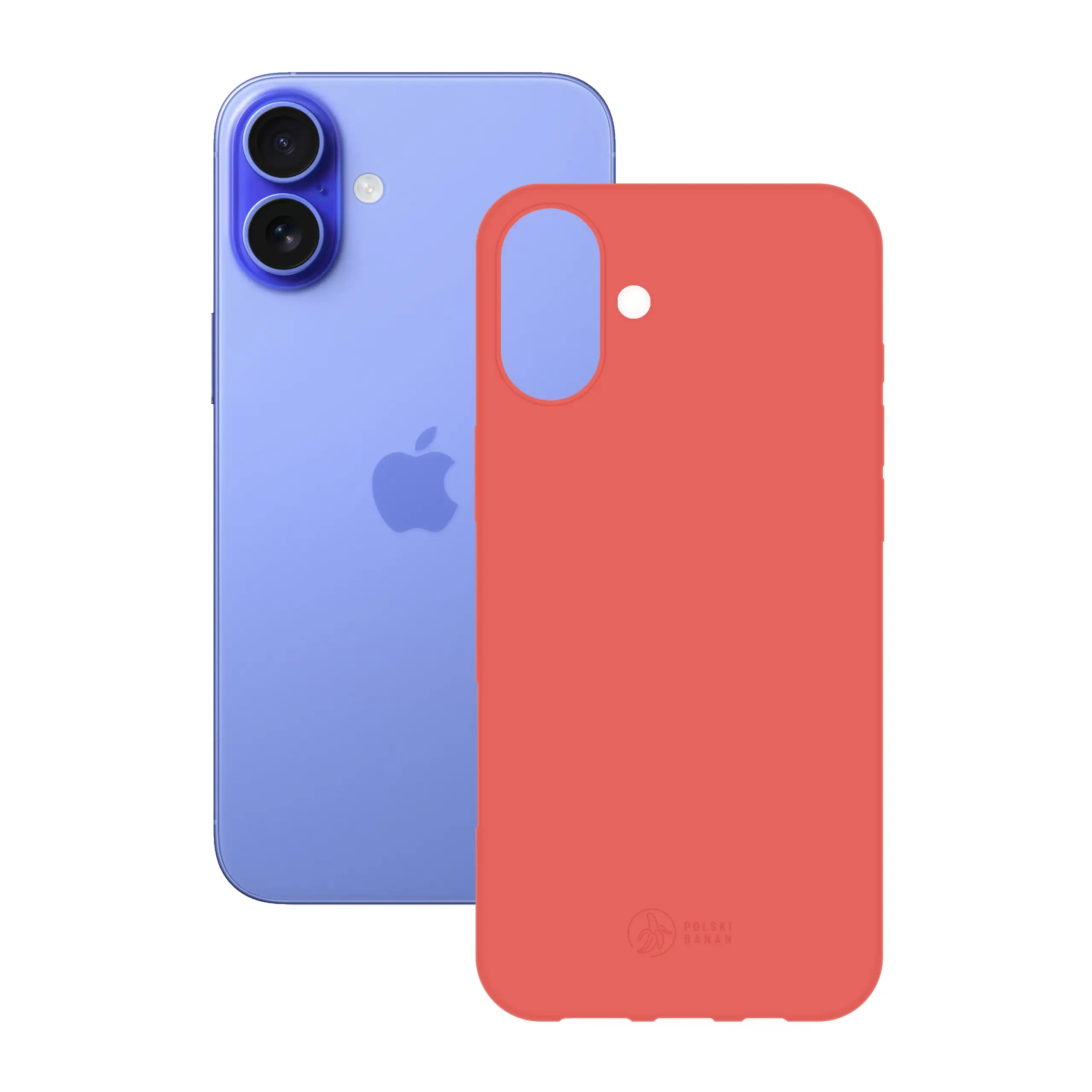 Etui silikonowe matowe koralowe Polski Banan obok telefonu Apple iPhone 16 Plus