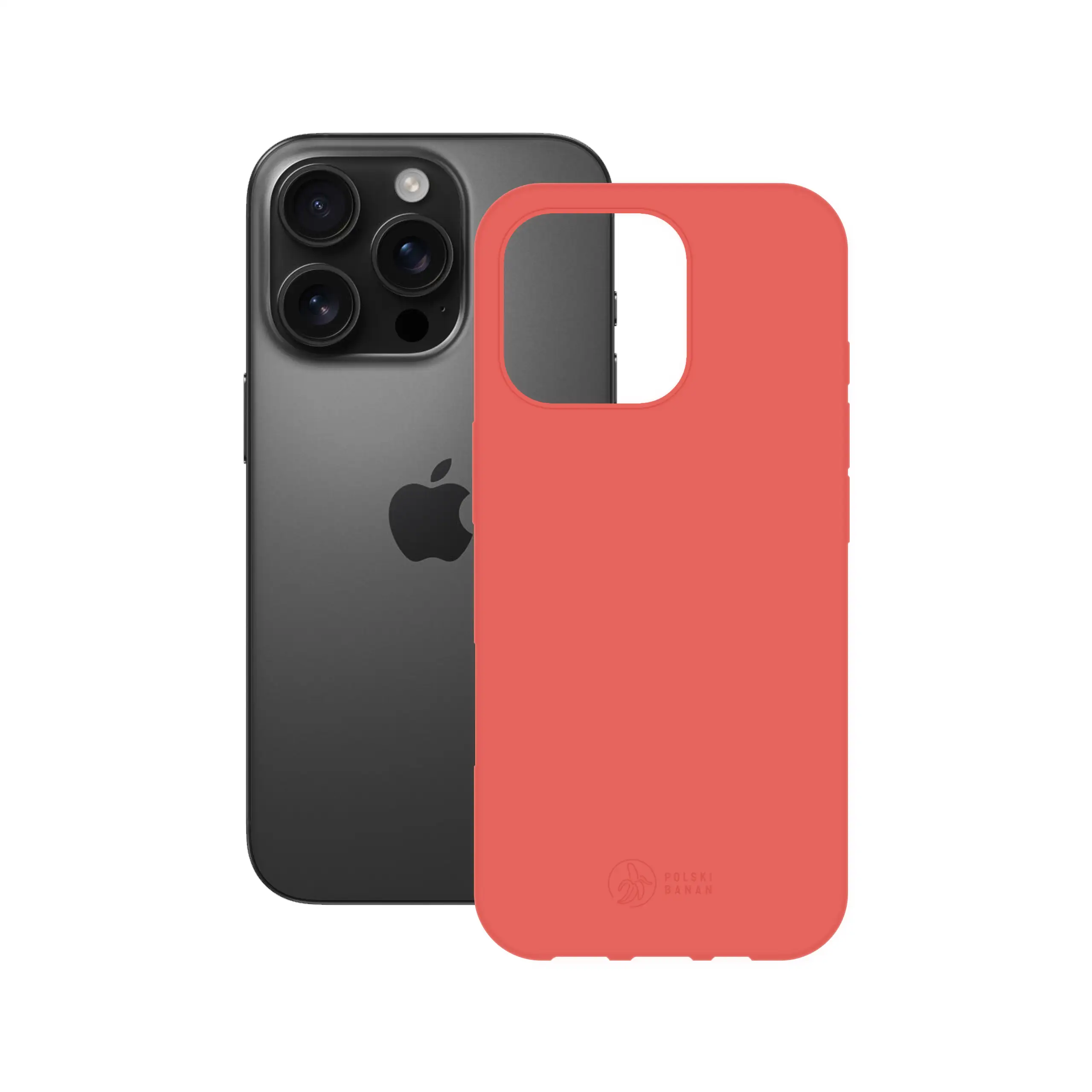 Etui silikonowe matowe koralowe Polski Banan obok telefonu Apple iPhone 16 Pro
