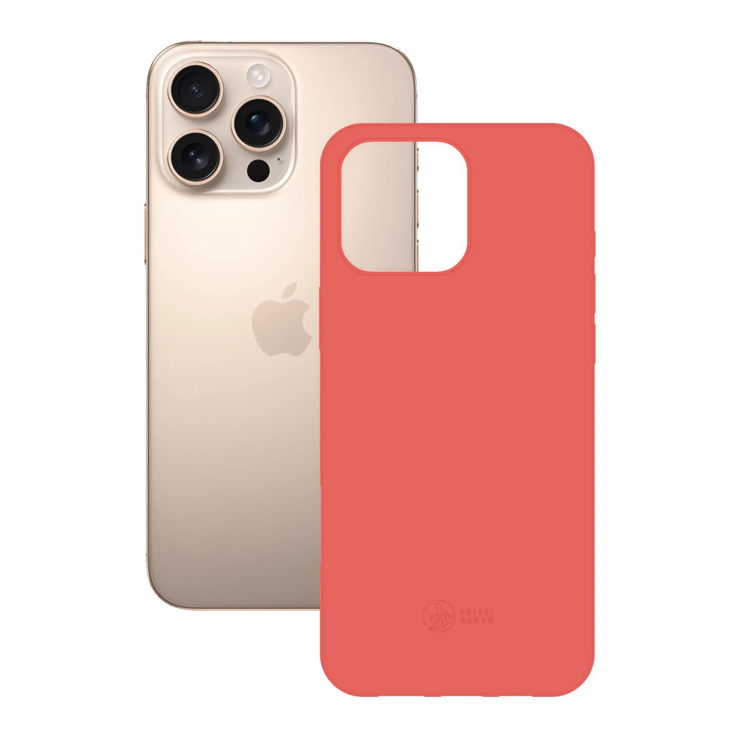 Etui silikonowe matowe koralowe Polski Banan obok telefonu Apple iPhone 16 Pro Max