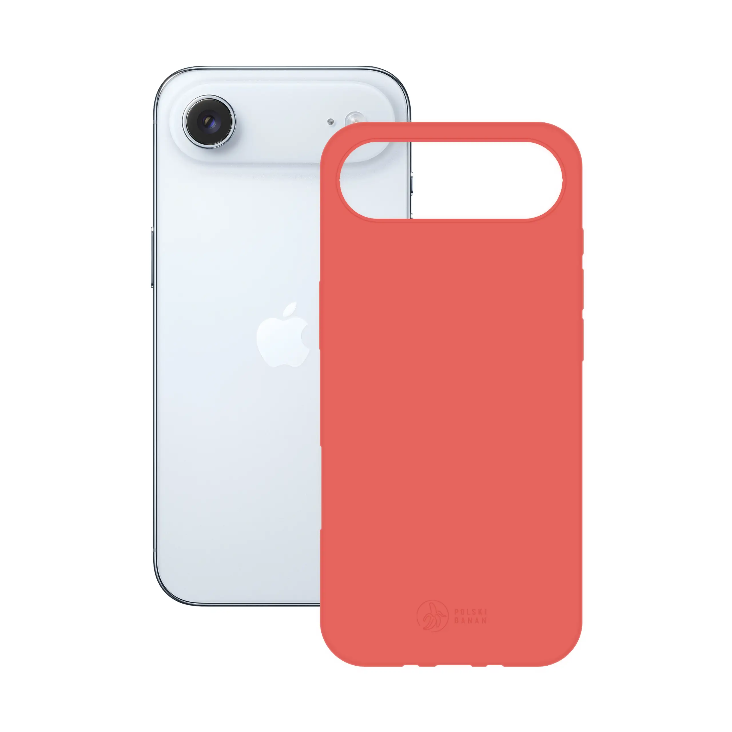 Etui silikonowe matowe koralowe Polski Banan obok telefonu Apple iPhone 17 Air