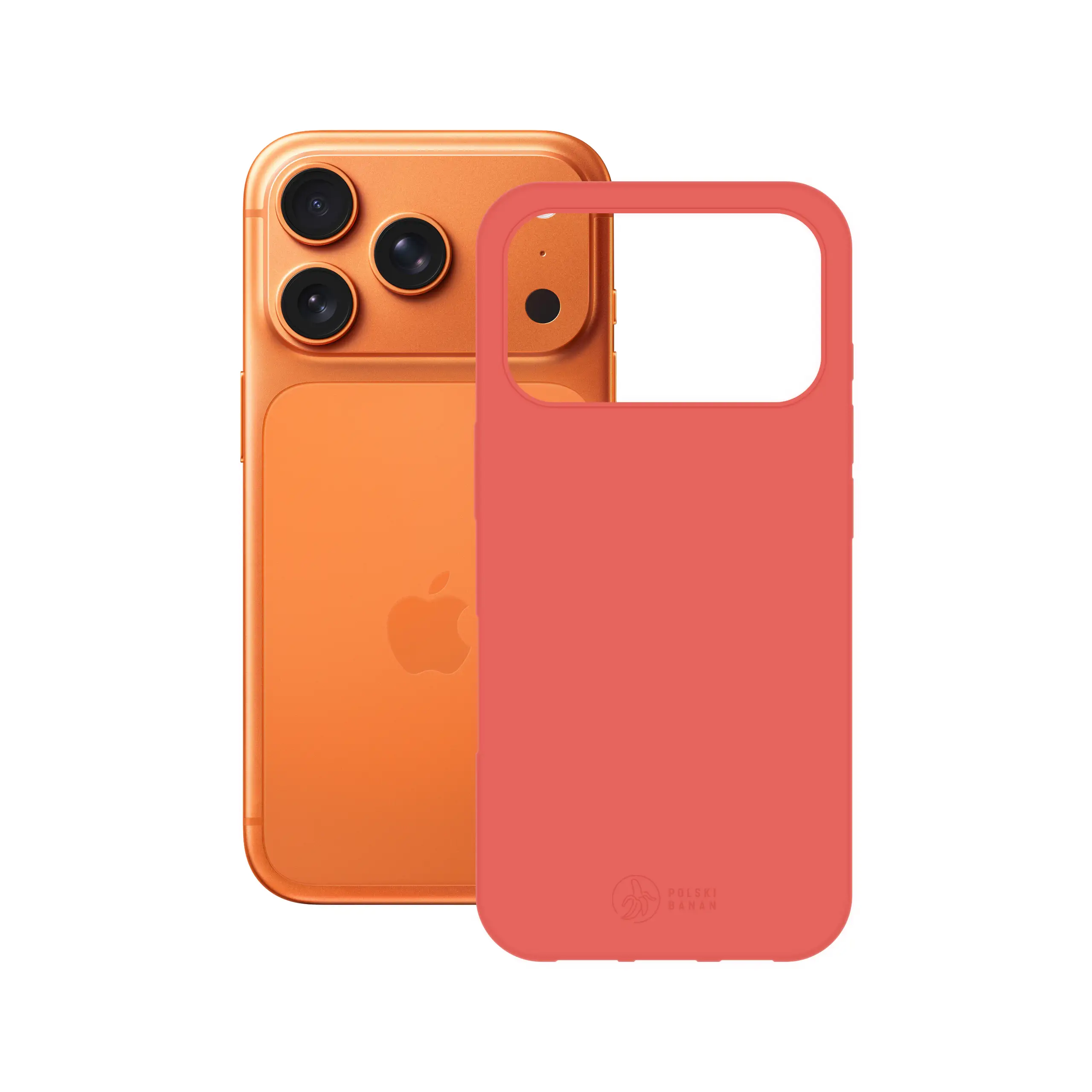 Etui silikonowe matowe koralowe Polski Banan obok telefonu Apple iPhone 17 Pro