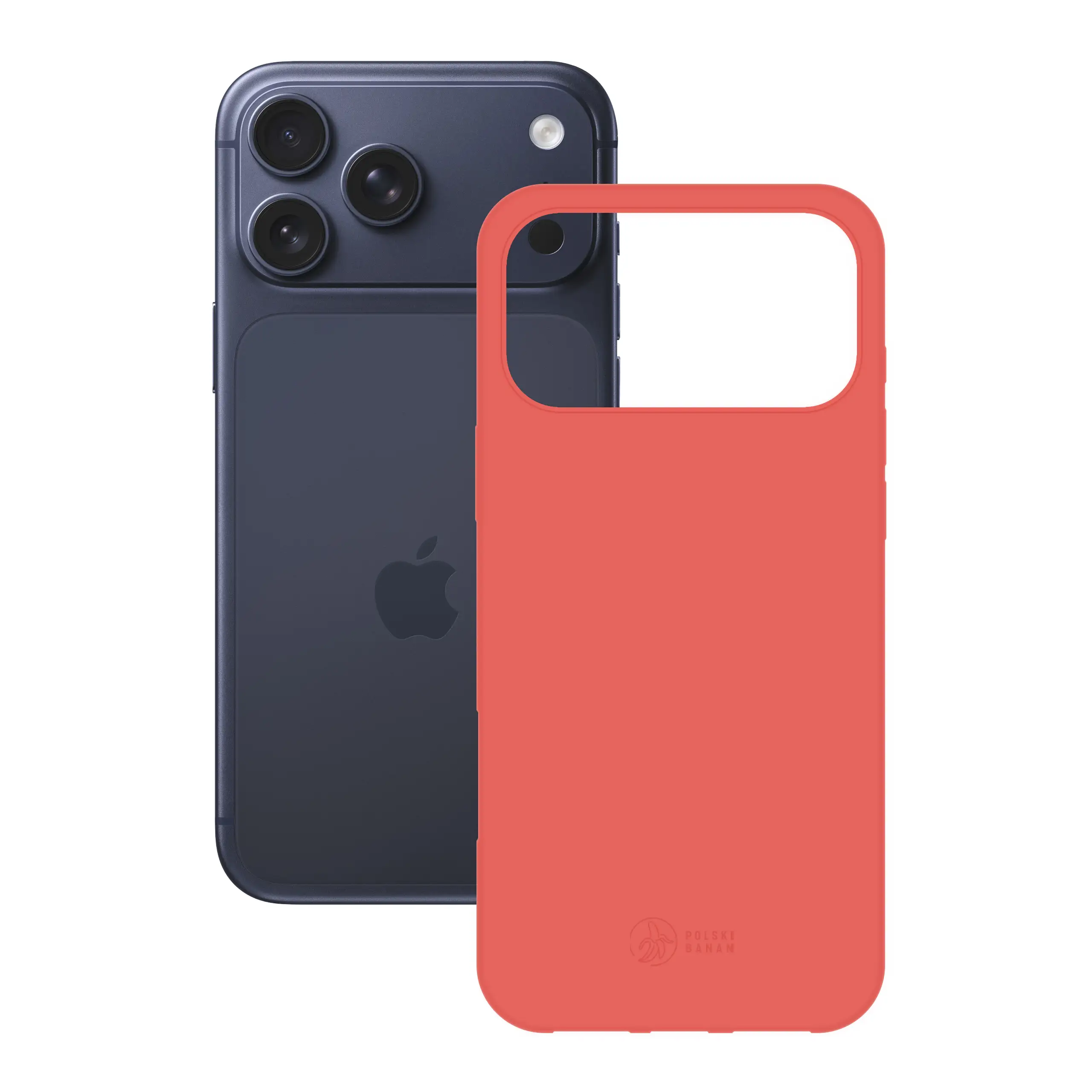 Etui silikonowe matowe koralowe Polski Banan obok telefonu Apple iPhone 17 Pro Max
