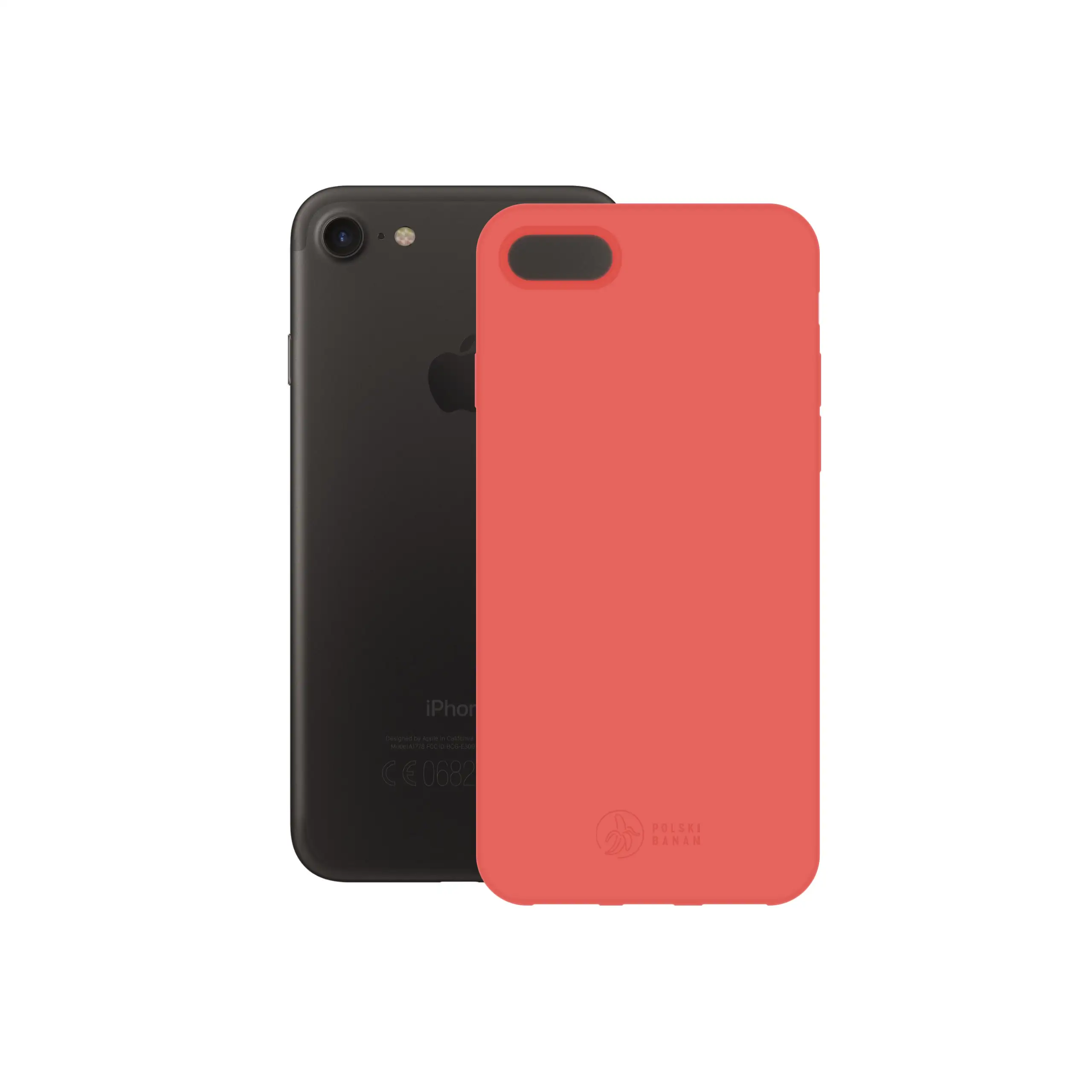 Etui silikonowe matowe koralowe Polski Banan obok telefonu Apple iPhone 7 / 8 / SE 2020 / SE 2022