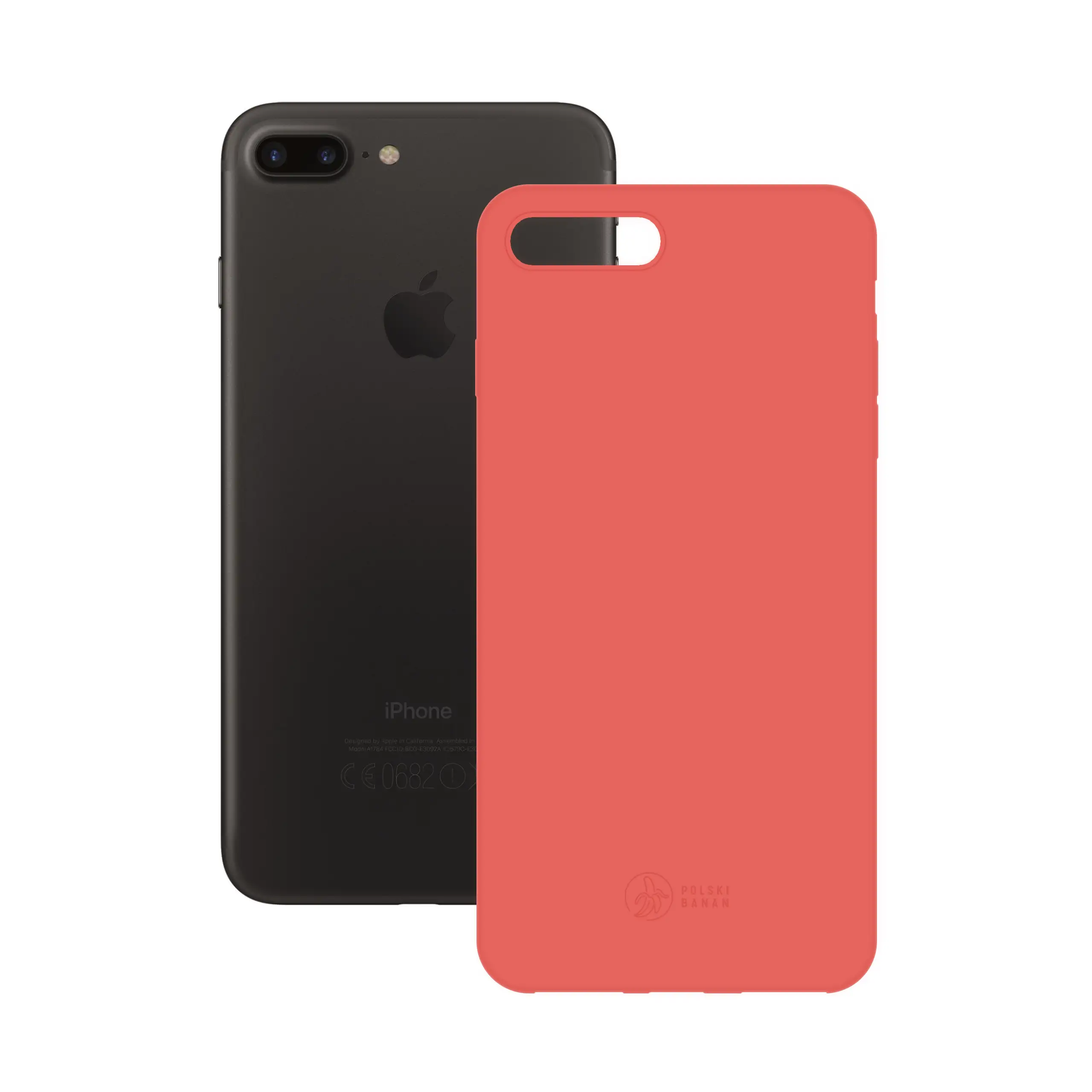 Etui silikonowe matowe koralowe Polski Banan obok telefonu Apple iPhone 7 PLUS / 8 PLUS