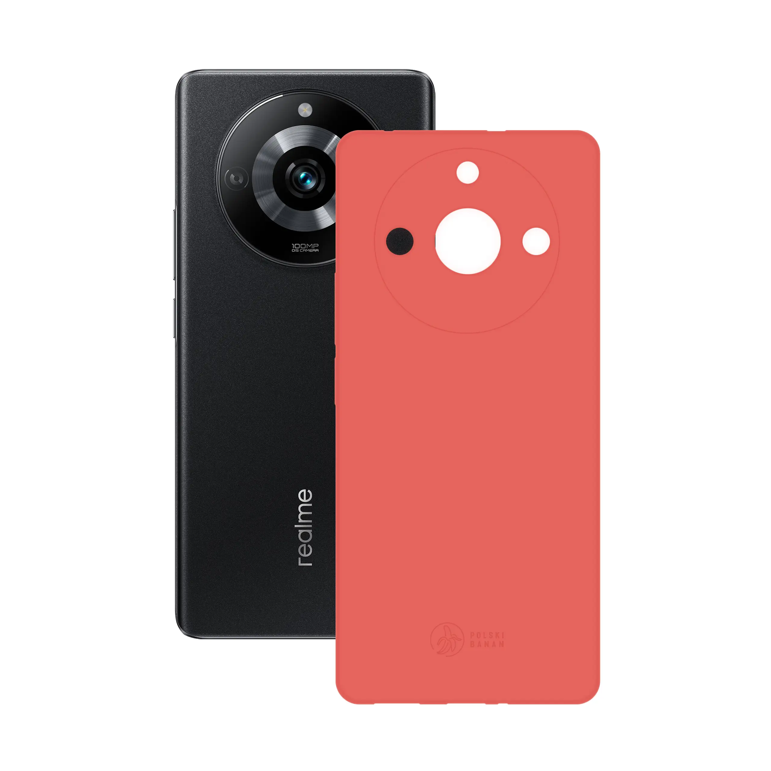 Etui silikonowe matowe koralowe Polski Banan obok telefonu Realme 11 Pro / 11 Pro Plus