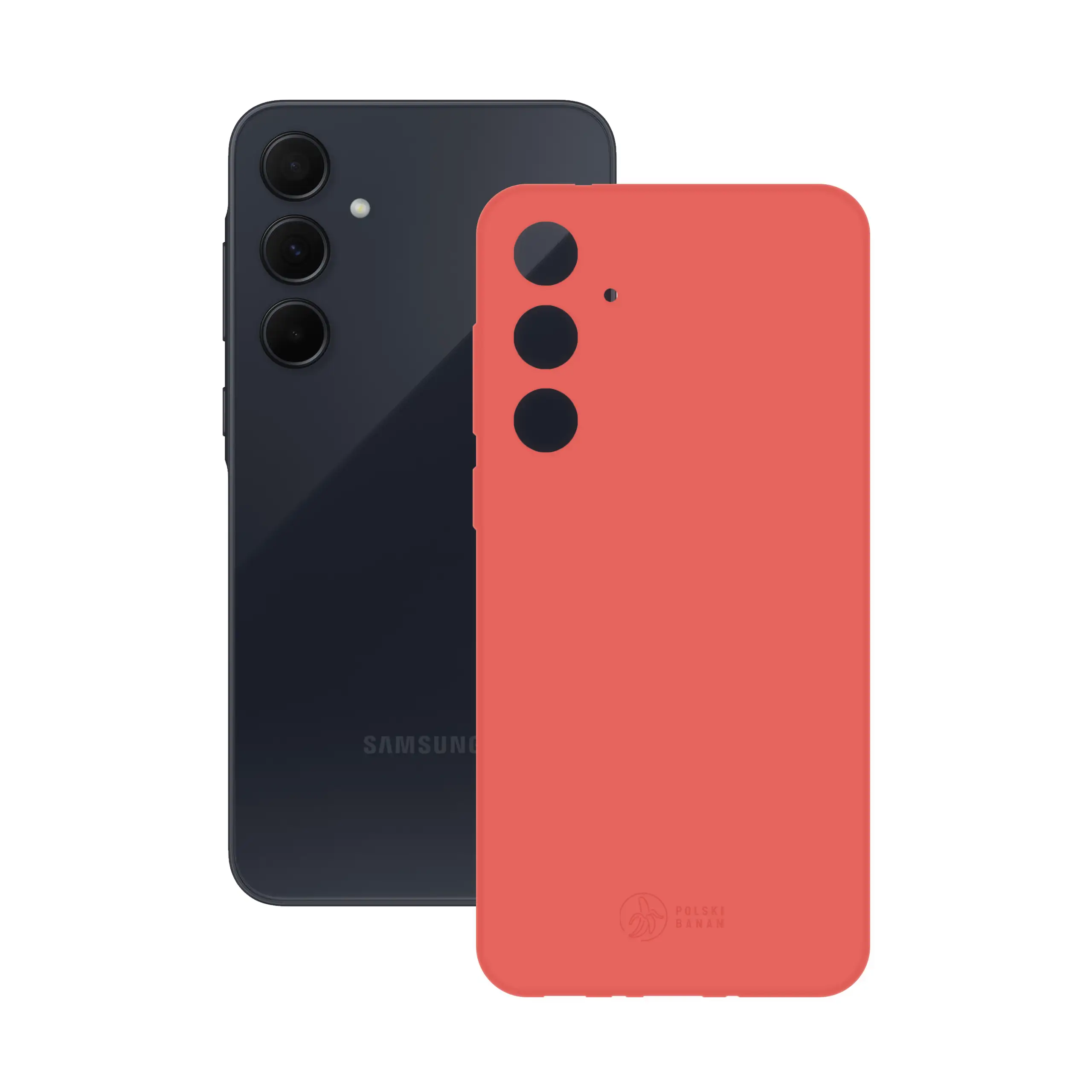 Etui silikonowe matowe koralowe Polski Banan obok telefonu Samsung Galaxy A35 5G