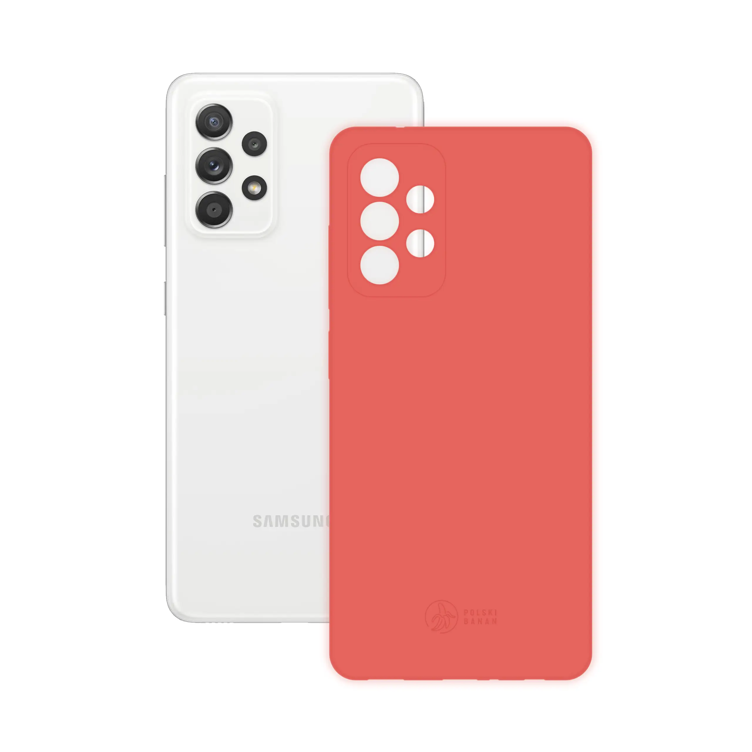 Etui silikonowe matowe koralowe Polski Banan obok telefonu Samsung Galaxy A52 / A52s