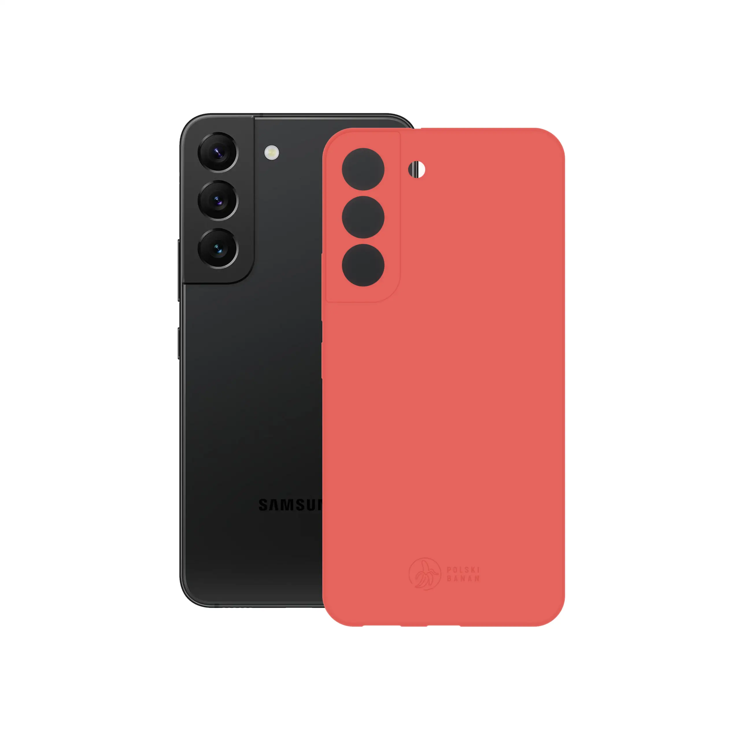 Etui silikonowe matowe koralowe Polski Banan obok telefonu Samsung Galaxy S22
