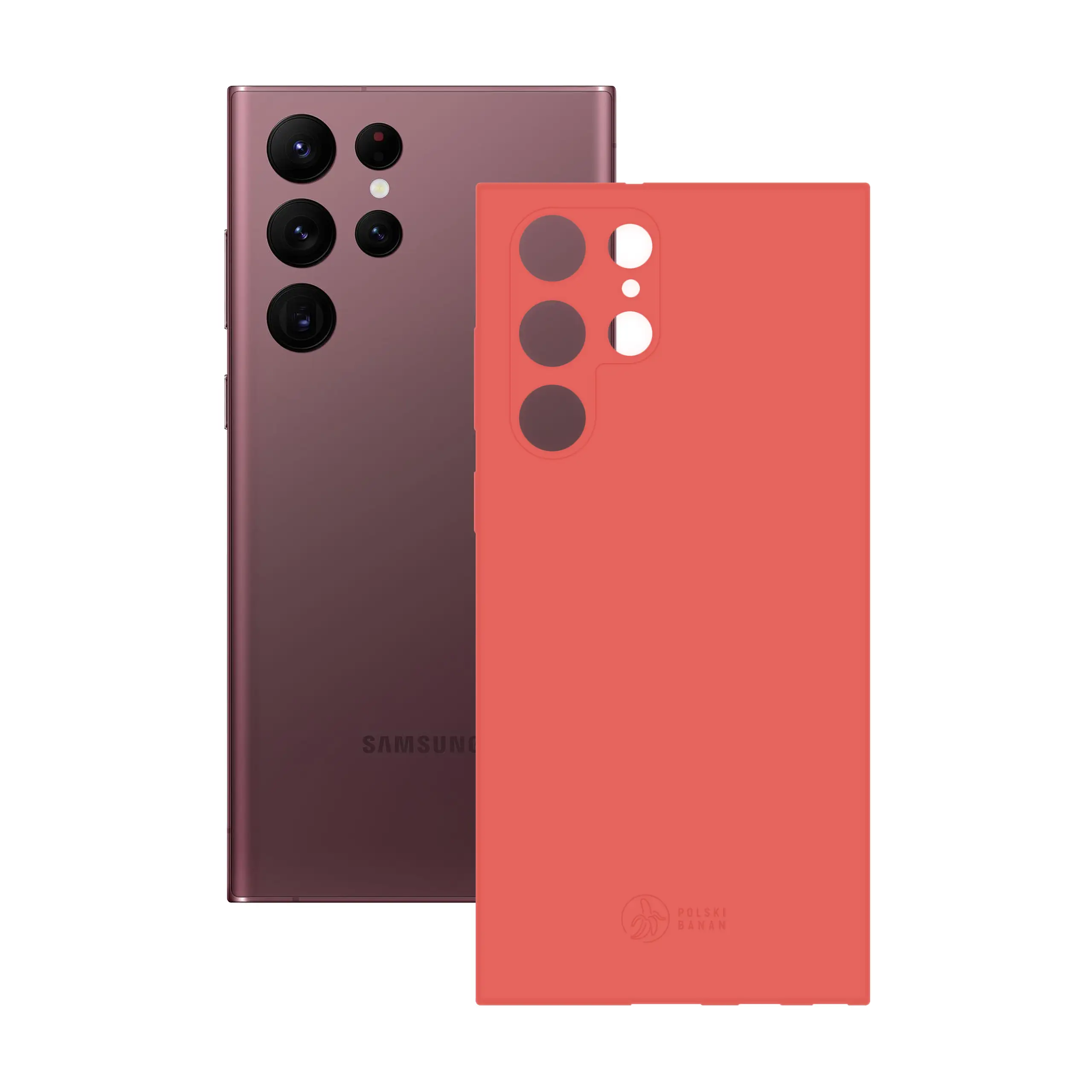 Etui silikonowe matowe koralowe Polski Banan obok telefonu Samsung Galaxy S22 Ultra