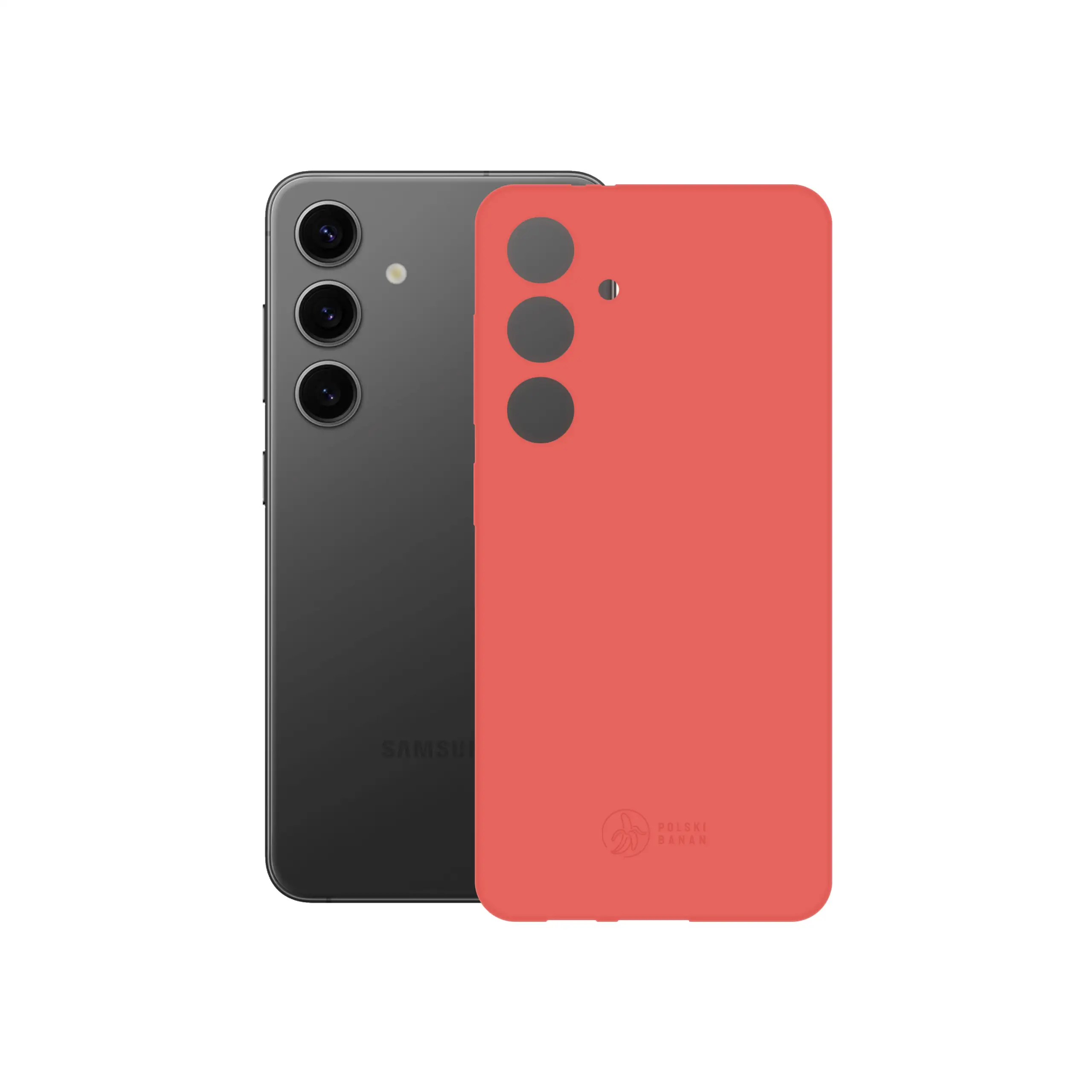 Etui silikonowe matowe koralowe Polski Banan obok telefonu Samsung Galaxy S24
