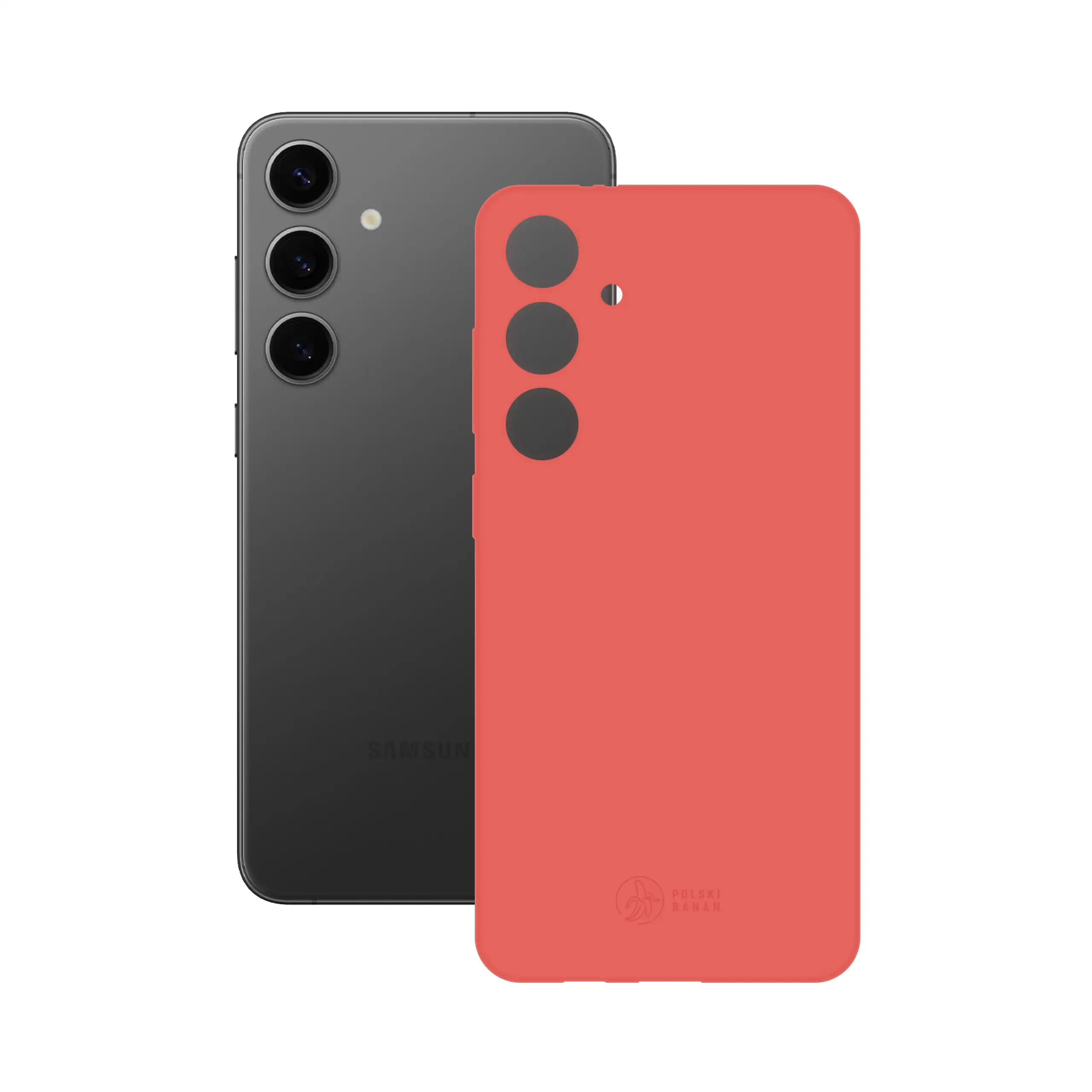 Etui silikonowe matowe koralowe Polski Banan obok telefonu Samsung Galaxy S24 Plus