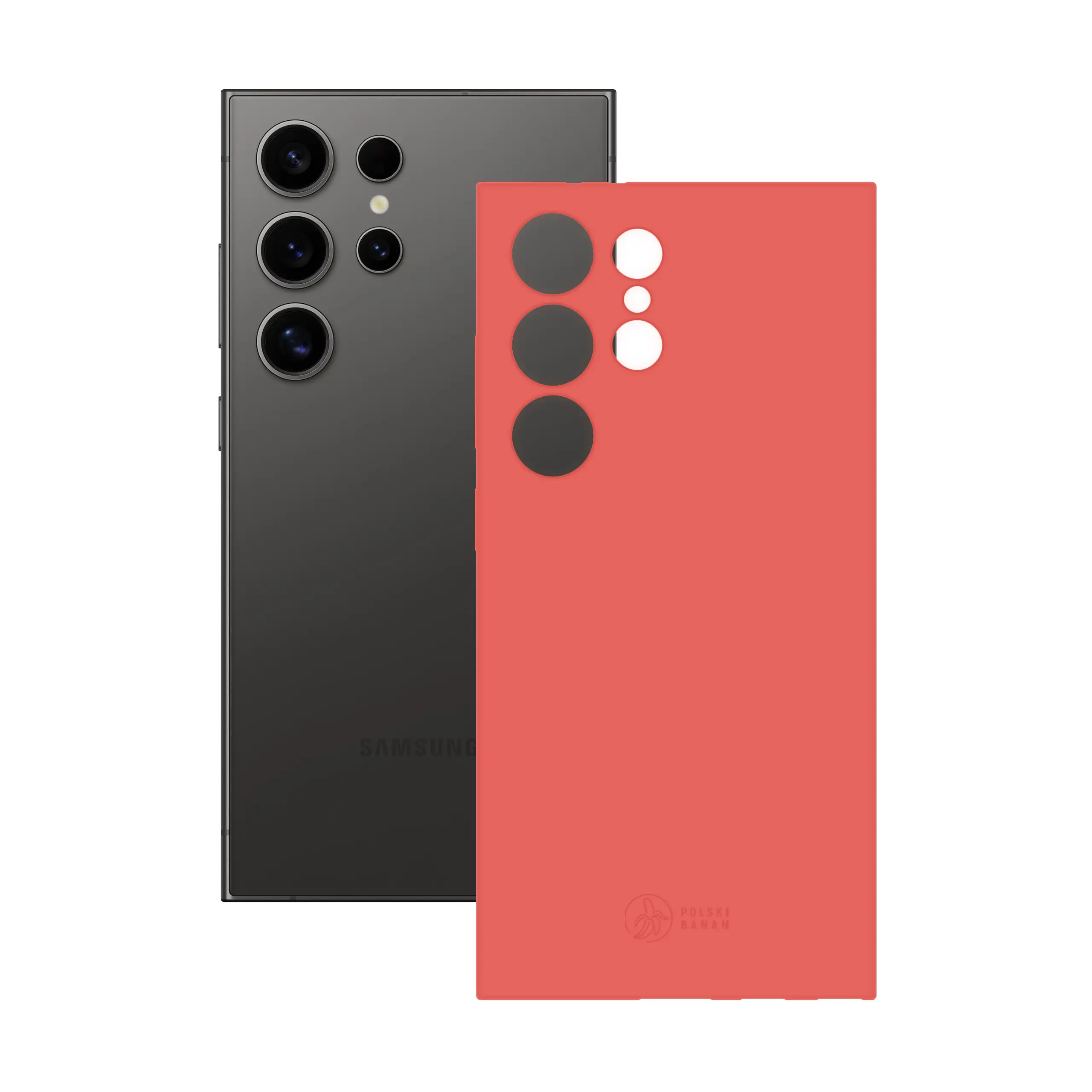 Etui silikonowe matowe koralowe Polski Banan obok telefonu Samsung Galaxy S24 Ultra