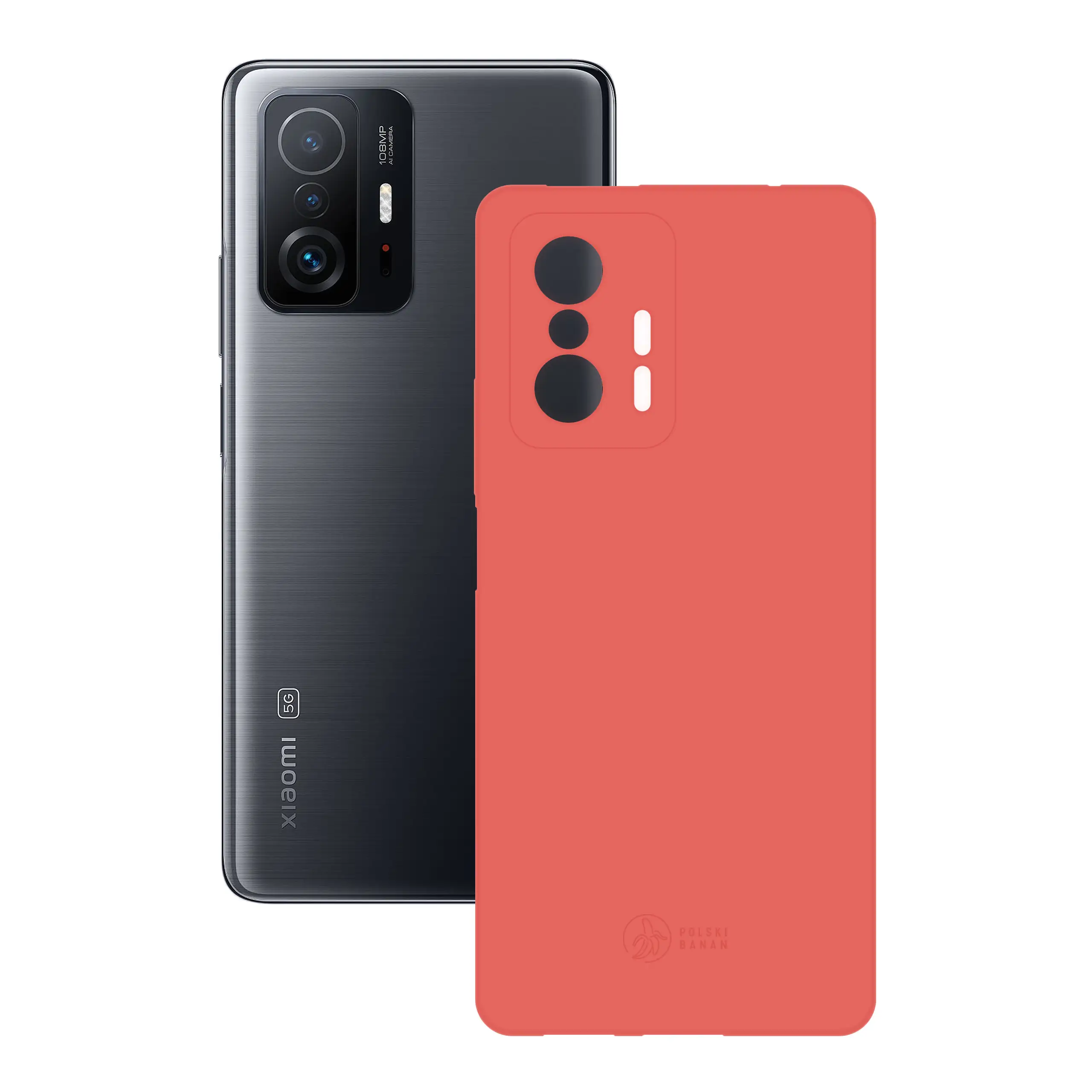 Etui silikonowe matowe koralowe Polski Banan obok telefonu Xiaomi 11T / Pro