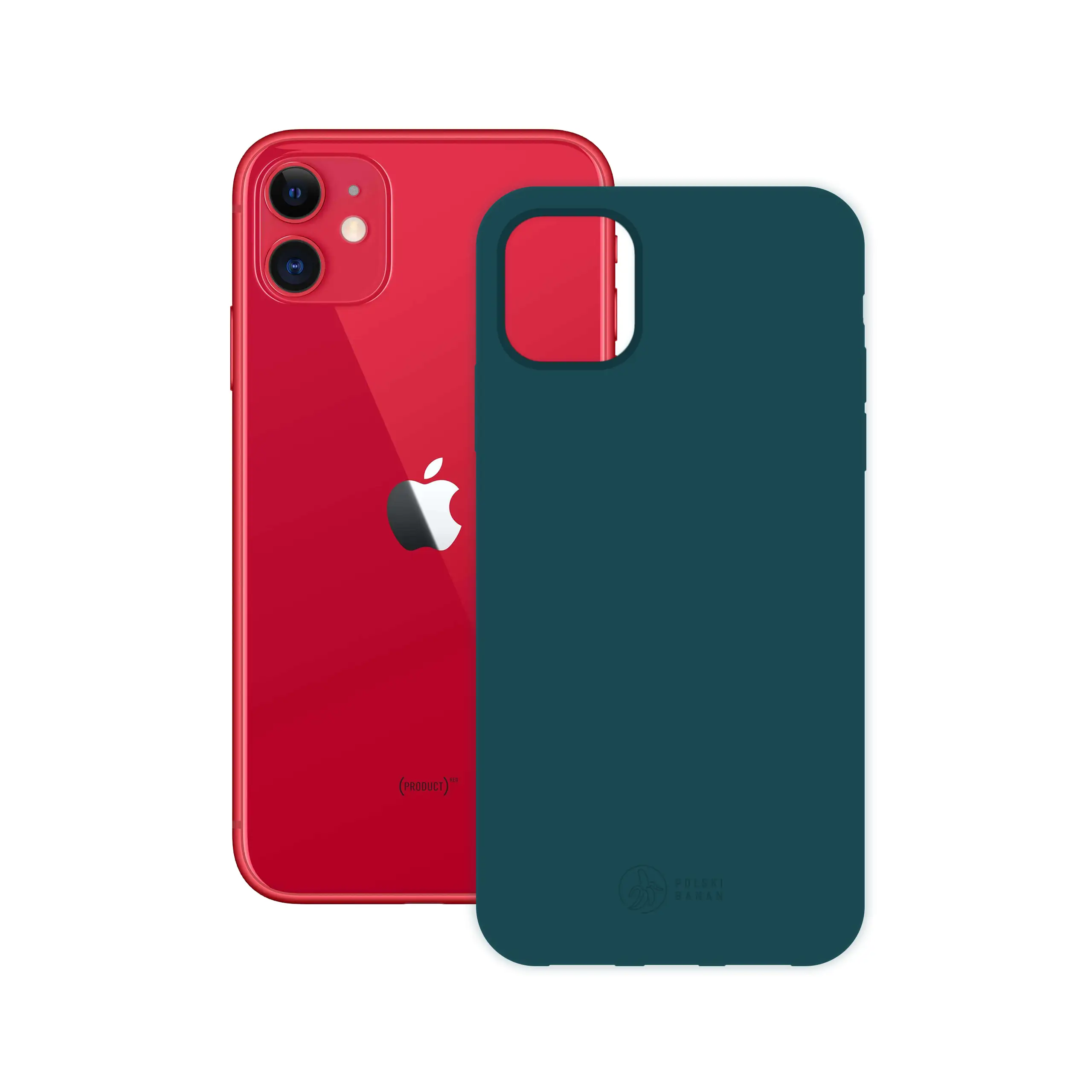 Etui silikonowe matowe morskie Polski Banan obok telefonu Apple iPhone 11