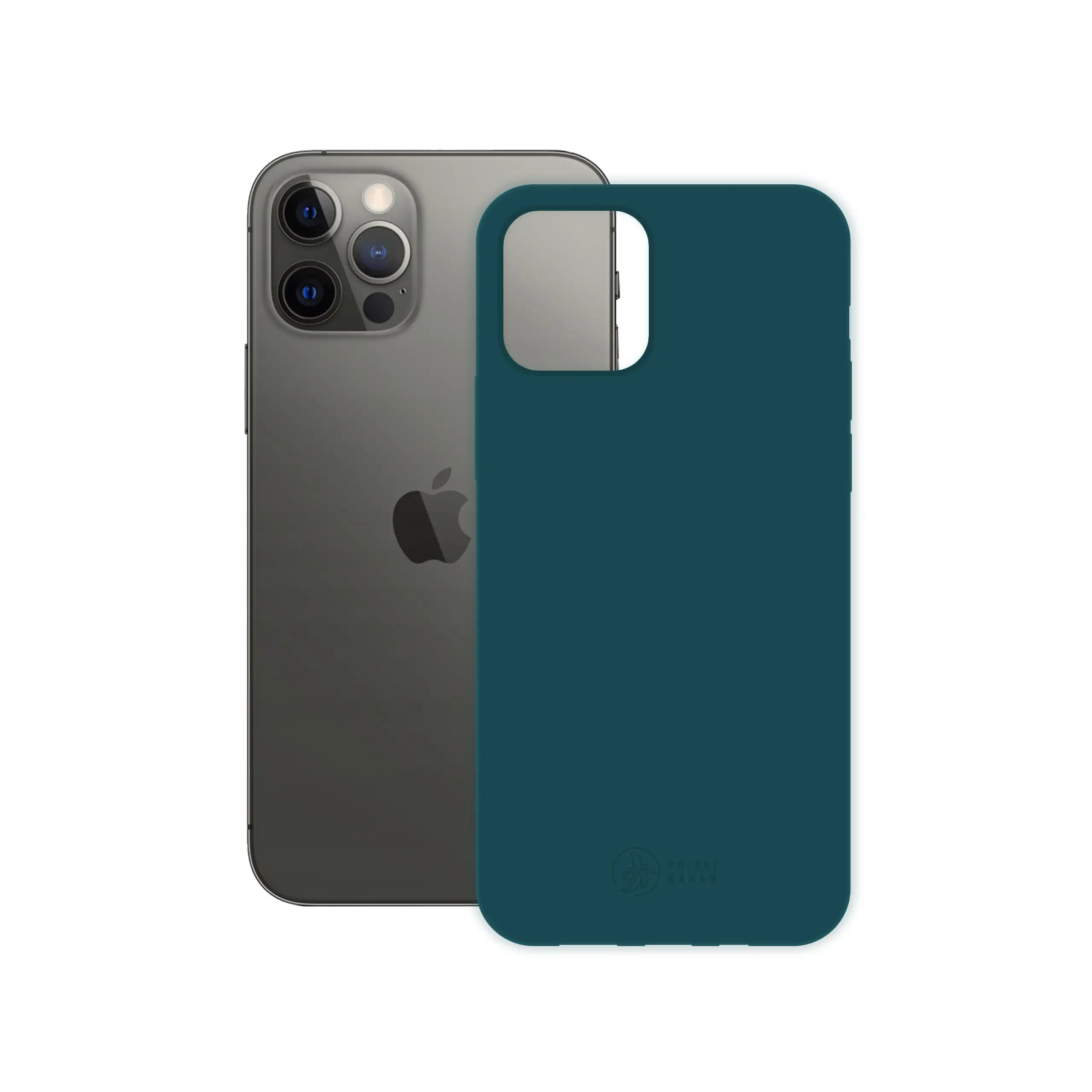 Etui silikonowe matowe morskie Polski Banan obok telefonu Apple iPhone 12 / 12 Pro