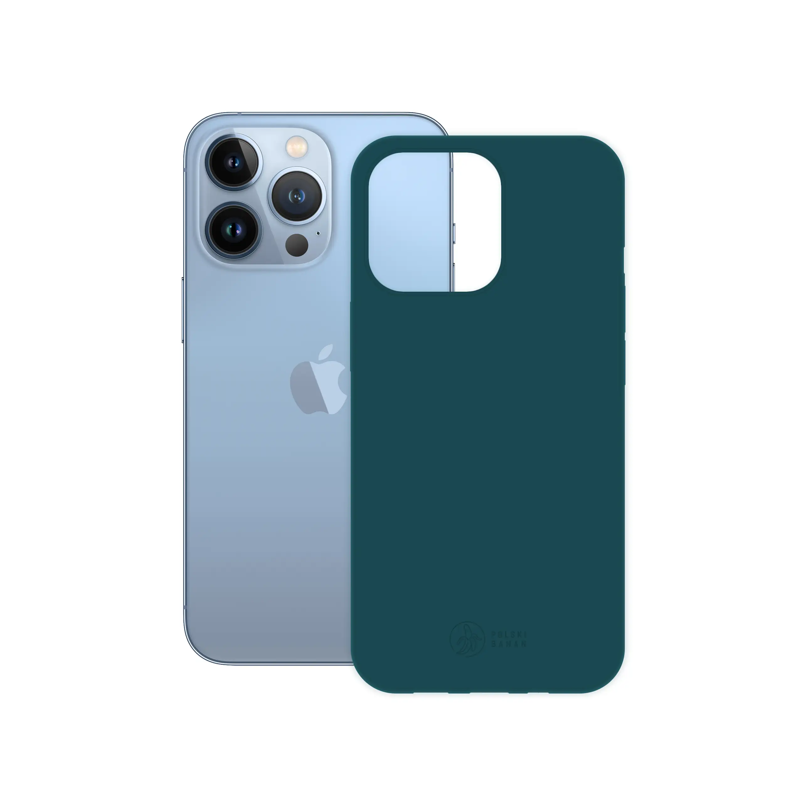 Etui silikonowe matowe morskie Polski Banan obok telefonu Apple iPhone 13 Pro