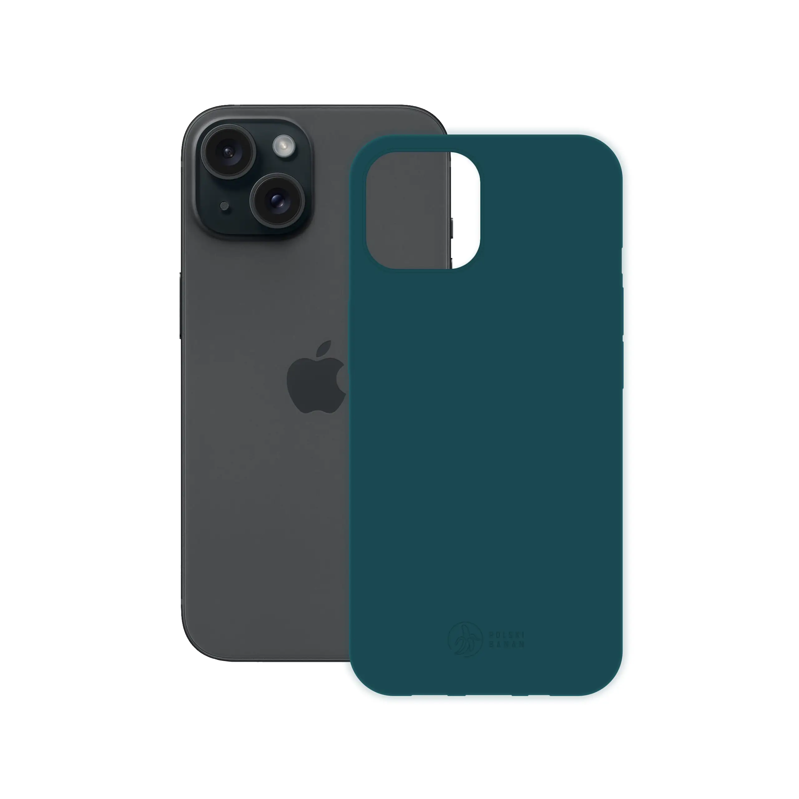 Etui silikonowe matowe morskie Polski Banan obok telefonu Apple iPhone 15