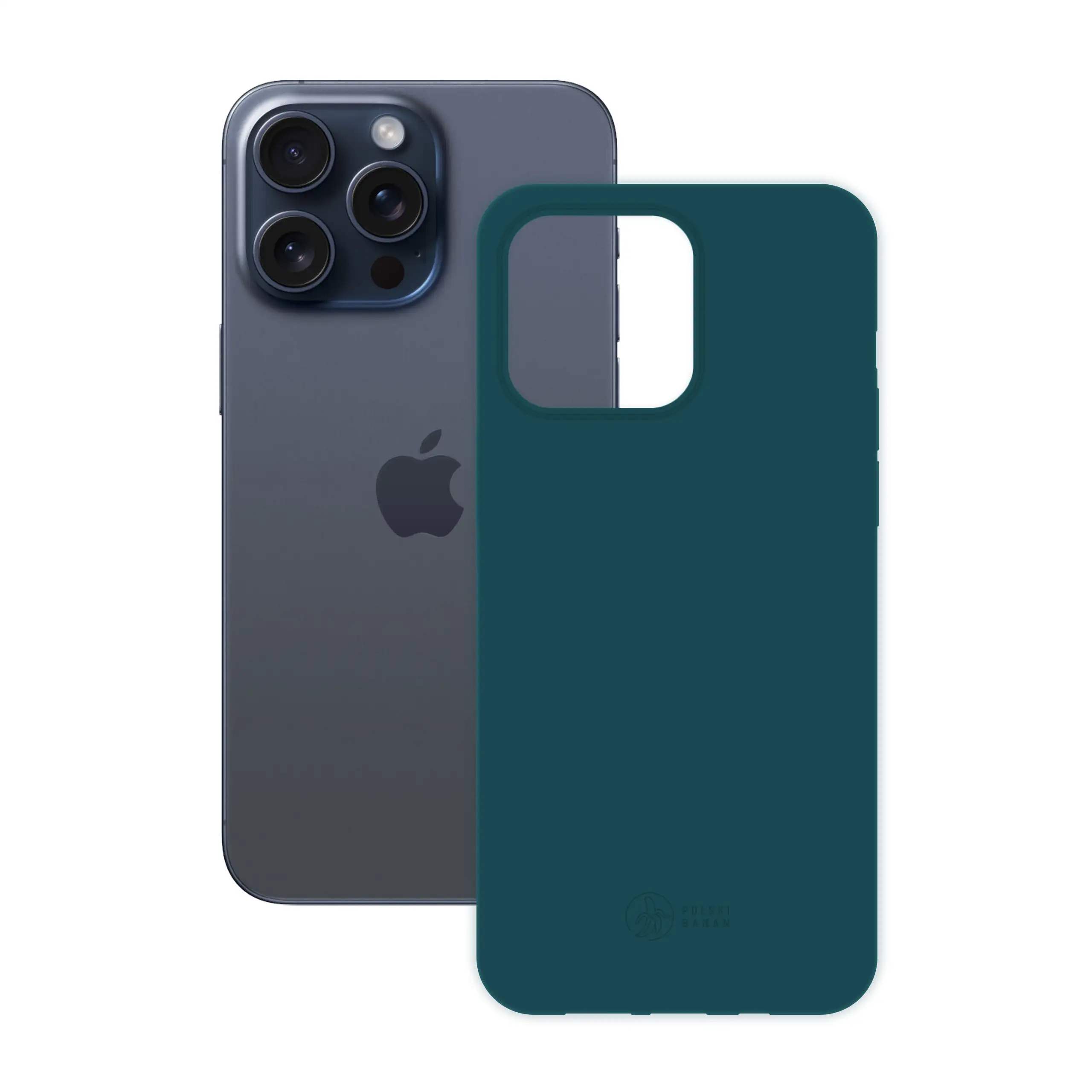 Etui silikonowe matowe morskie Polski Banan obok telefonu Apple iPhone 15 Pro Max